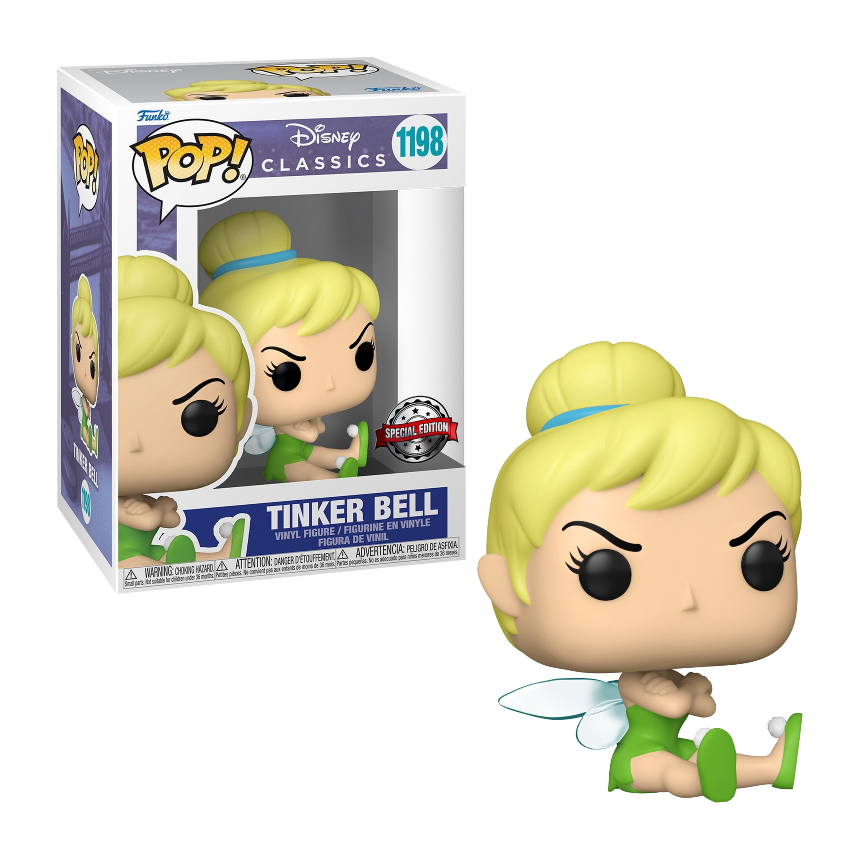 Tinker Bell-Figur mit grünem Kleid und Schuhen, sitzt mit ausgebreiteten Flügeln, mit einer Box im Hintergrund.