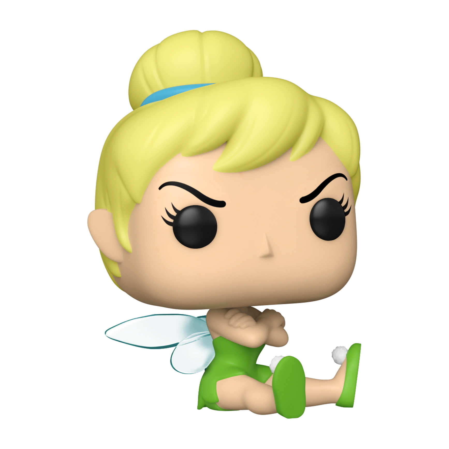 Tinkerbell Funko Pop Figur. Blondes Haar im Dutt, grünes Kleid, Flügel, sitzend, Arme verschränkt.