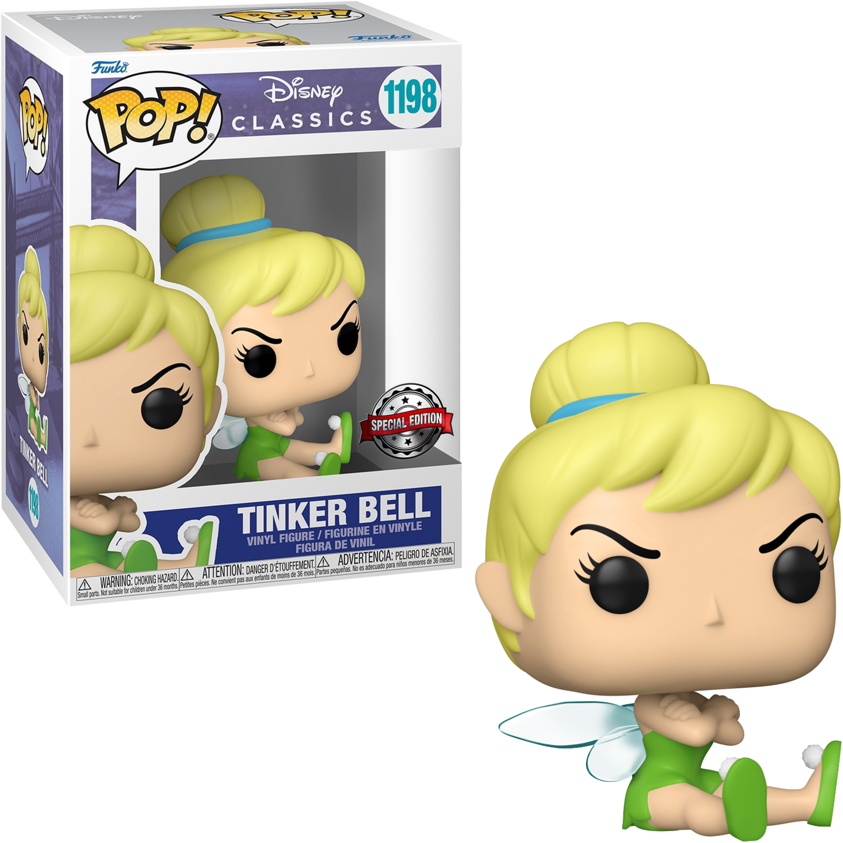 Tinker Bell Funko Pop Figur mit grünem Kleid, sitzt, mit einer Box. Blondes Haar und Flügel. Blaues Haarband.