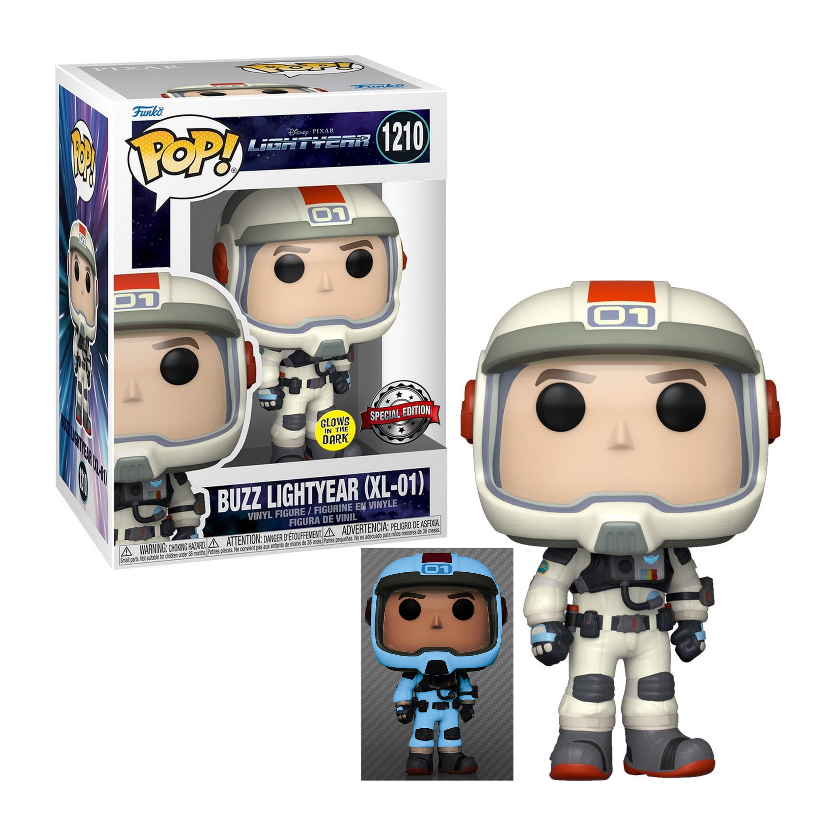 Funko Pop Figur von Buzz Lightyear im Raumanzug, mit einer Box und einer kleineren Figur.