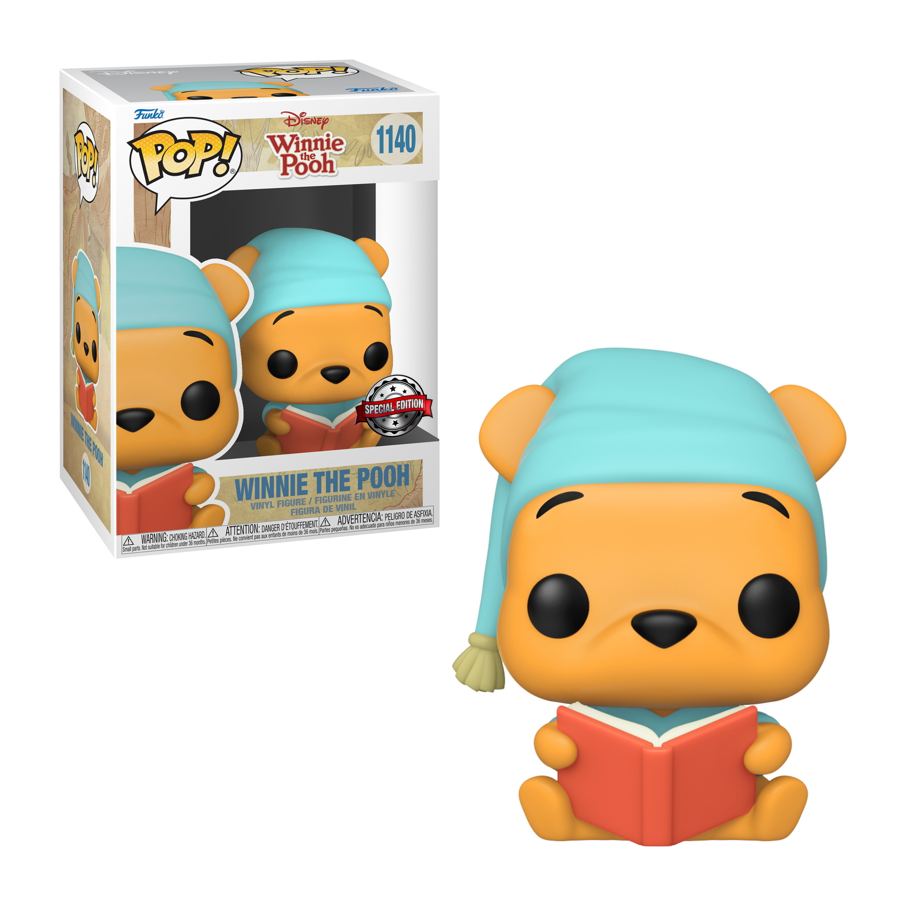 Winnie Puuh Funko Pop, trägt eine blaue Schlafhaube, liest ein rotes Buch.