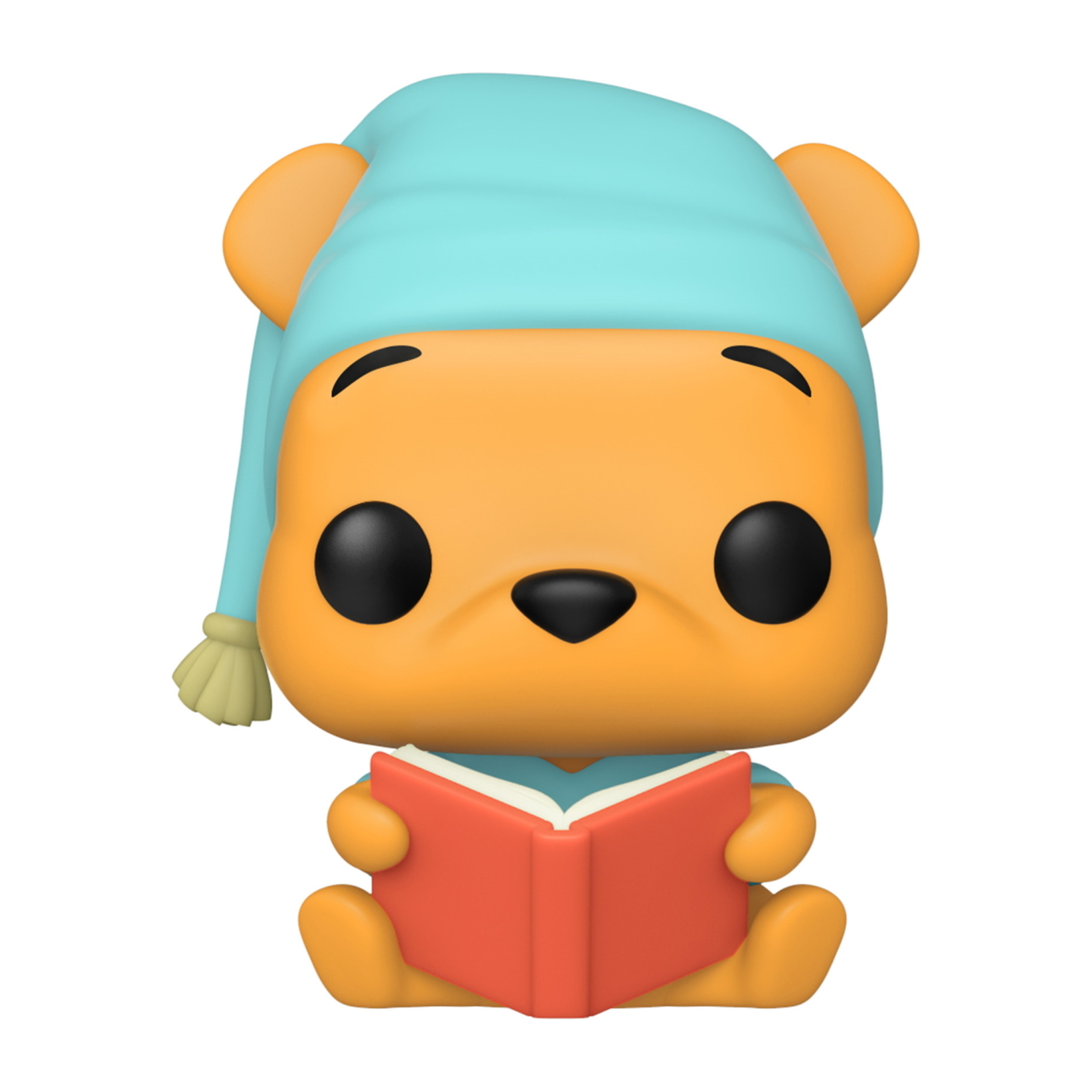 Winnie Puuh Funko Pop, trägt eine blaue Schlafhaube, liest ein rotes Buch.