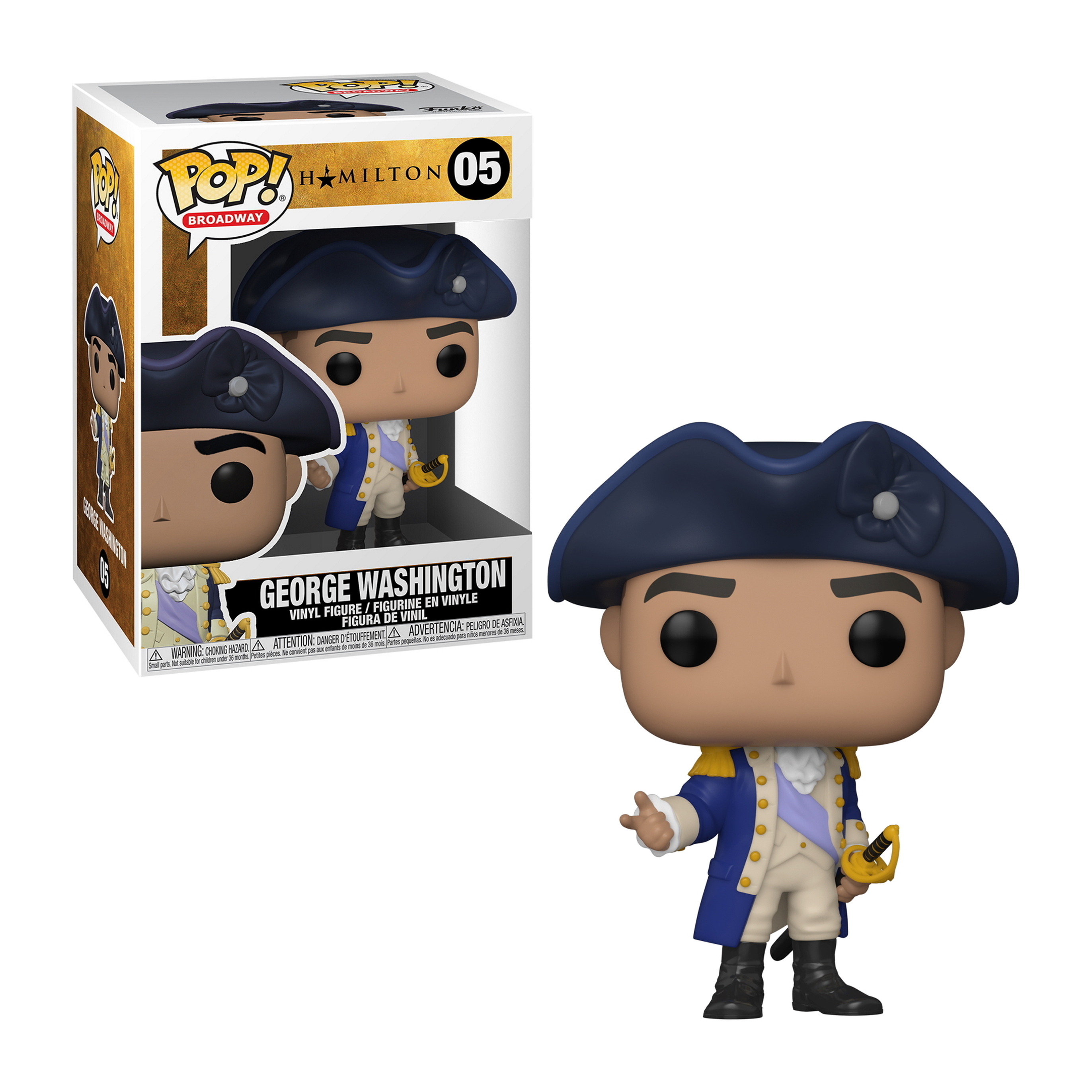 George Washington Funko Pop Figur im blauen Mantel, hält ein Schwert, mit der Box im Hintergrund.