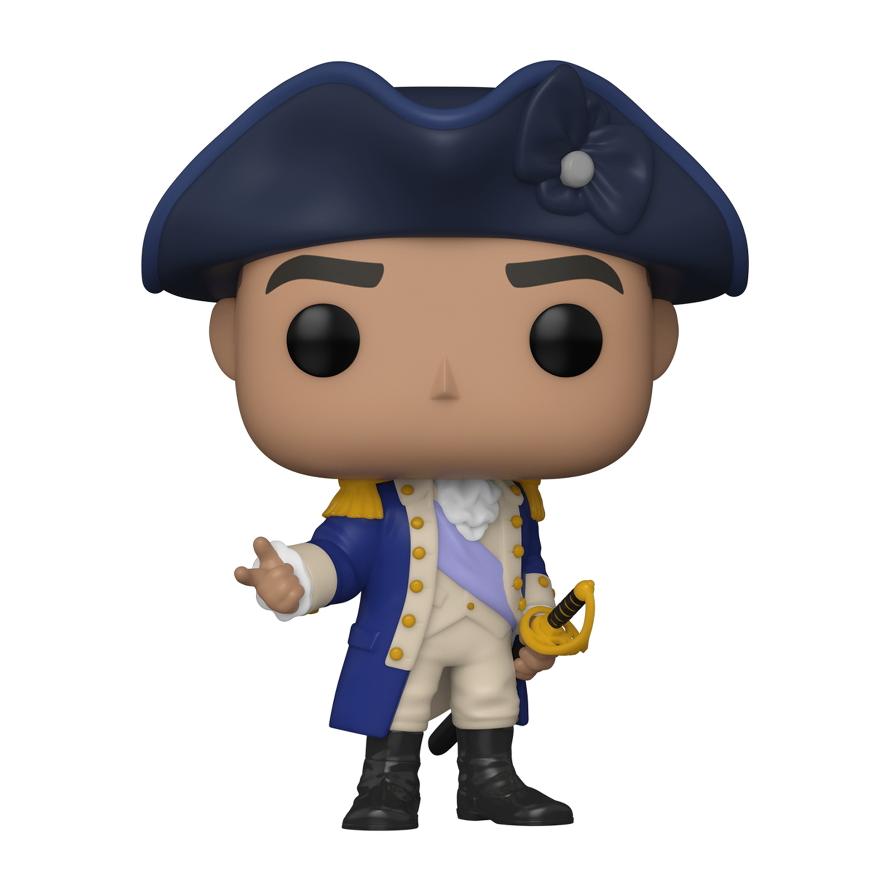 Eine Funko Pop Figur eines Mannes in einem blauen Mantel im Kolonialstil mit Dreispitz.
