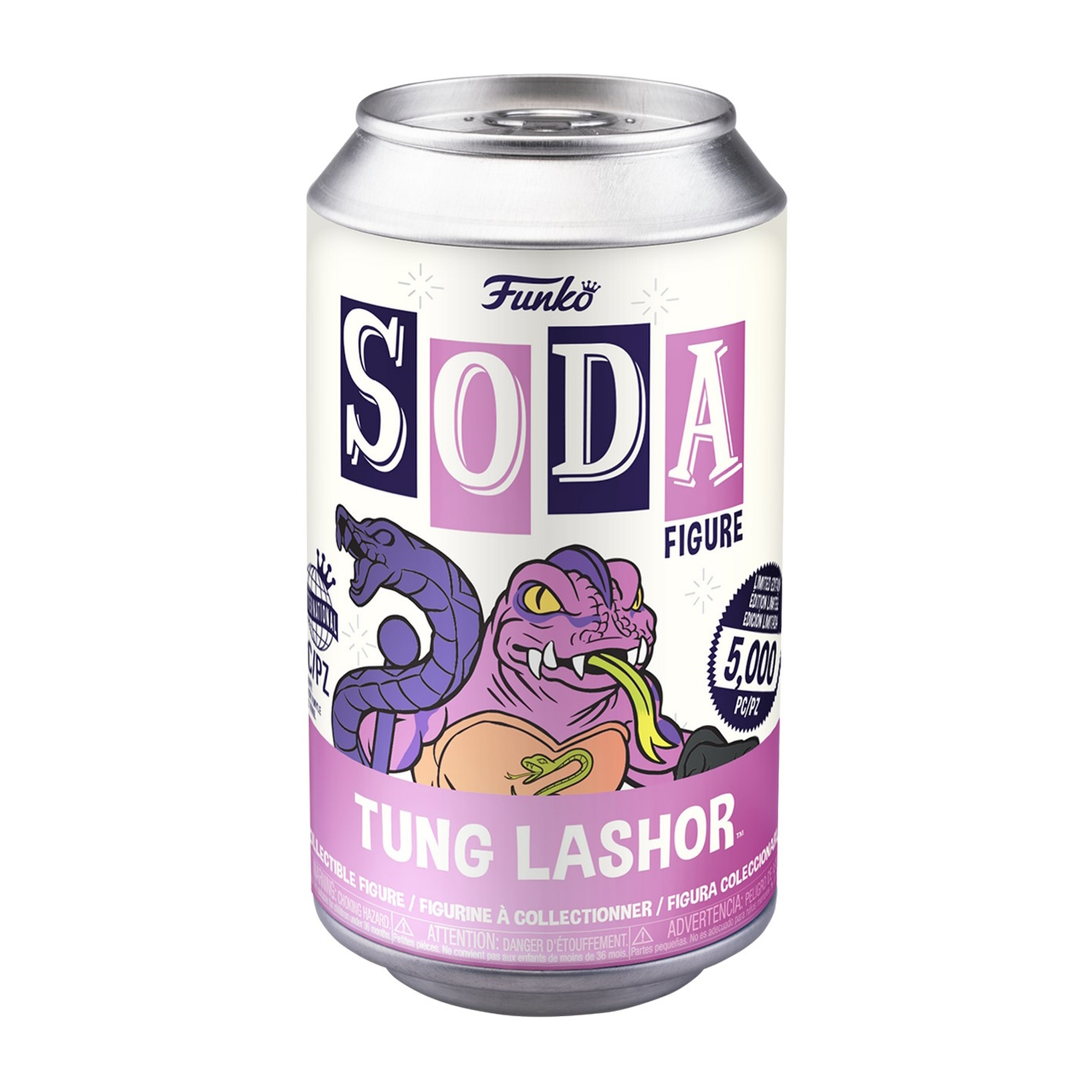 Funko Soda Figur in einer Dose. Ein lila Schlangenmonster mit gelber Zunge.