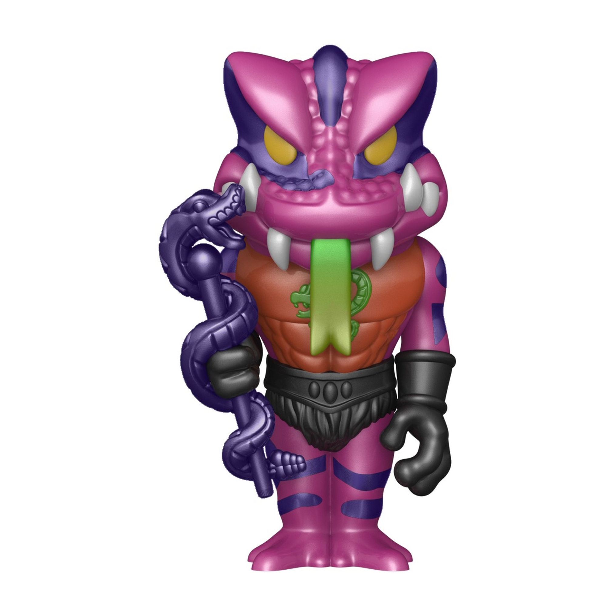 Eine Skeletor Funko Pop Figur. Lila und rosa, mit Stab und Schlange. Grüne Zunge.