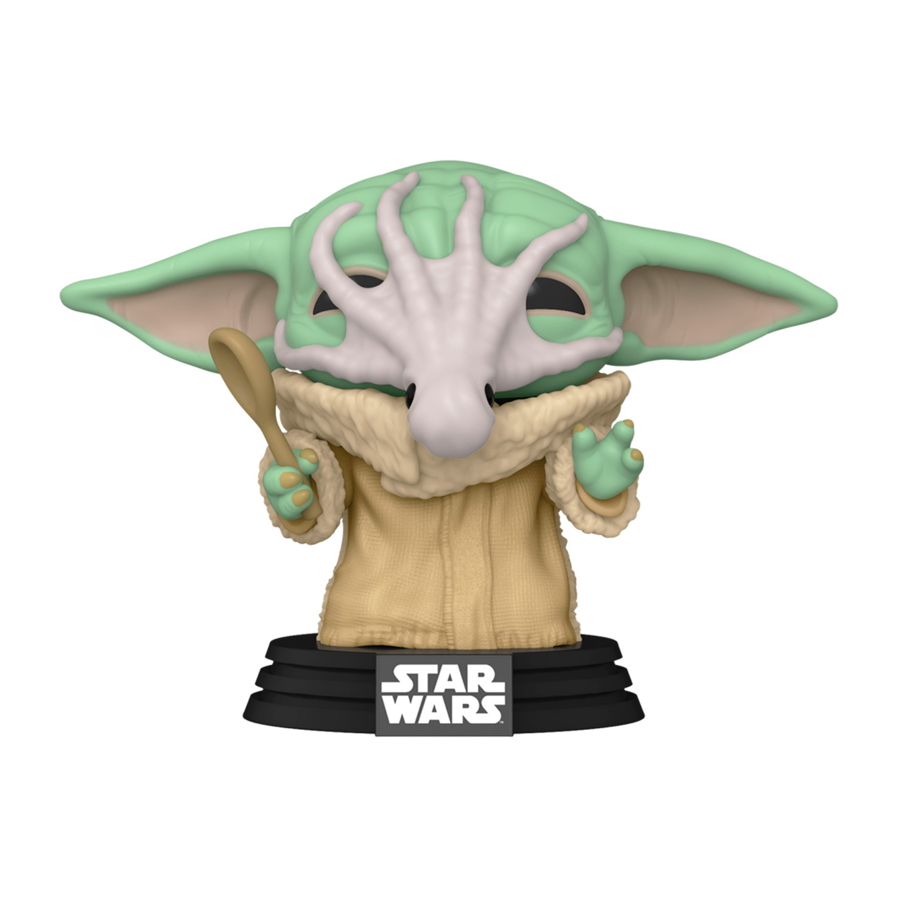 Grogu Funko Pop Figur, hält einen Holzlöffel. Er trägt einen Umhang, mit weißem Gesicht und schwarzer Basis.
