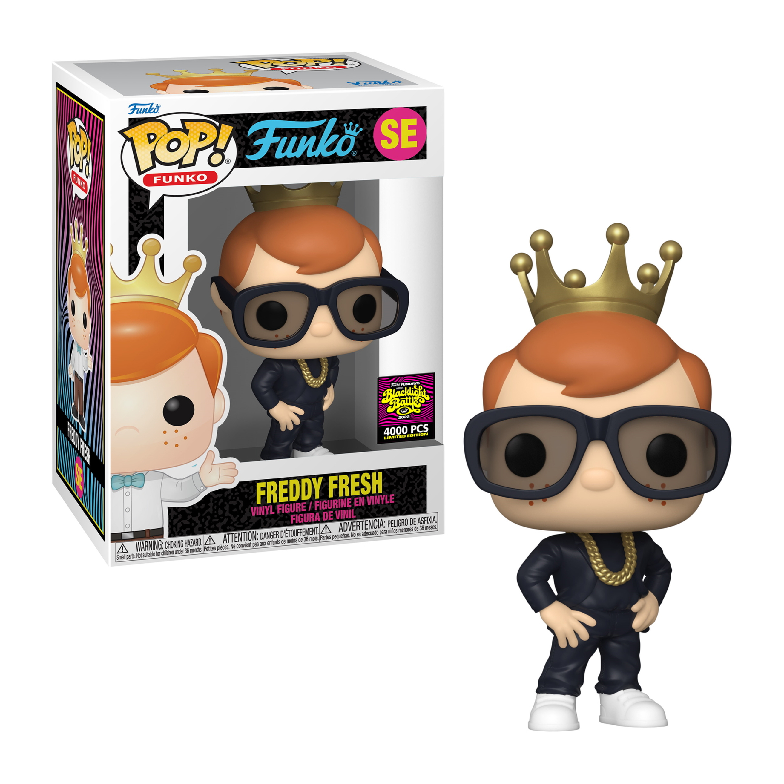 Freddy Fresh Funko Pop Figur. Rotes Haar, schwarze Brille, Krone, schwarzer Anzug, weiße Schuhe. Box im Hintergrund.