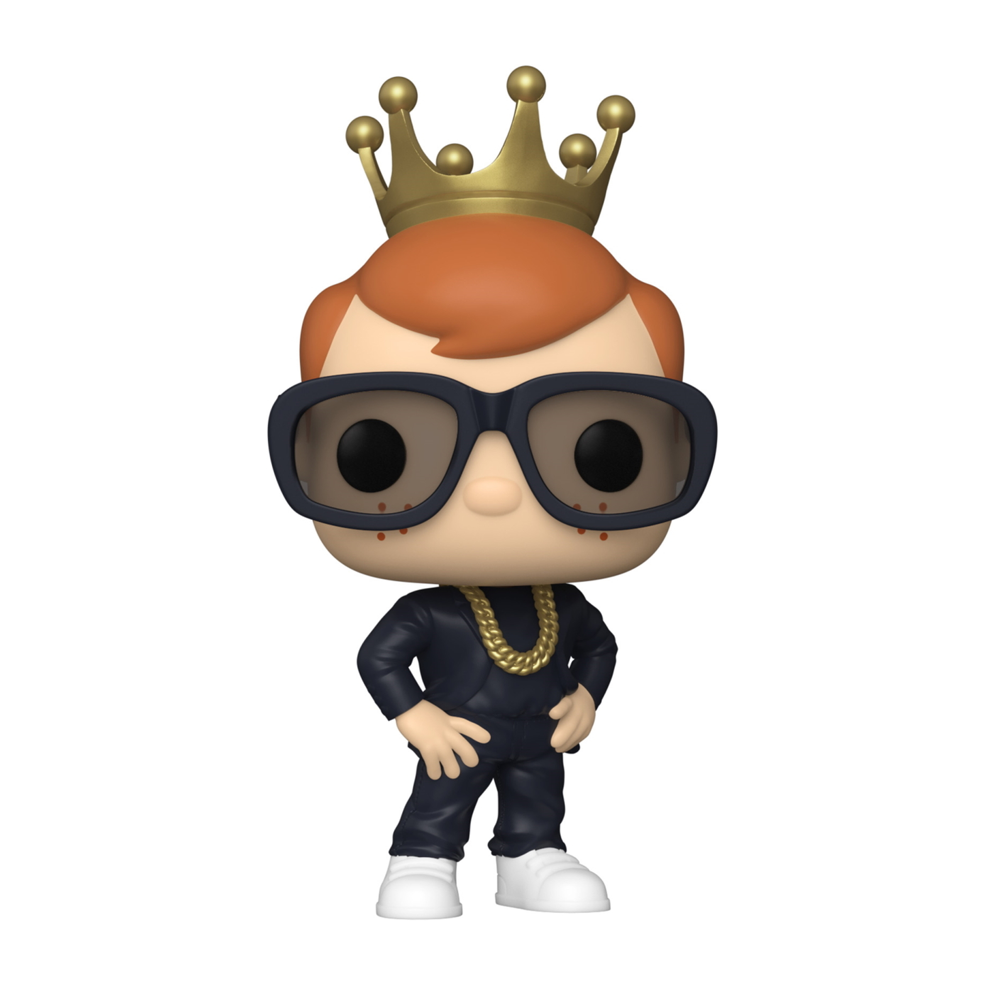 Elton John Funko Pop Figur, trägt Brille, goldene Krone und Goldkette, in schwarzem Anzug.