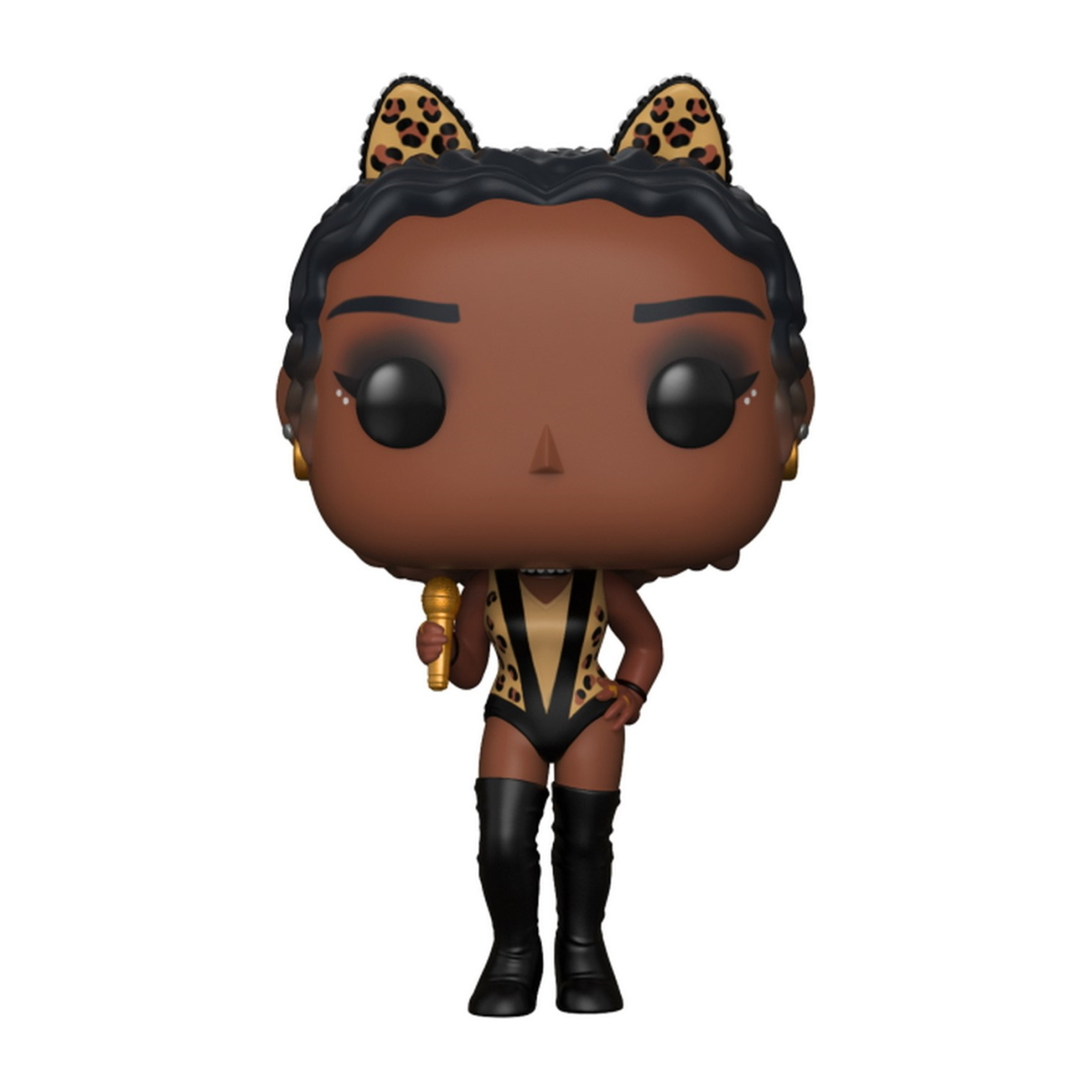 Funko Pop Figur einer Frau. Dunkle Haut, schwarzes Haar mit Katzenohren, goldenes Outfit und ein Mikrofon haltend.