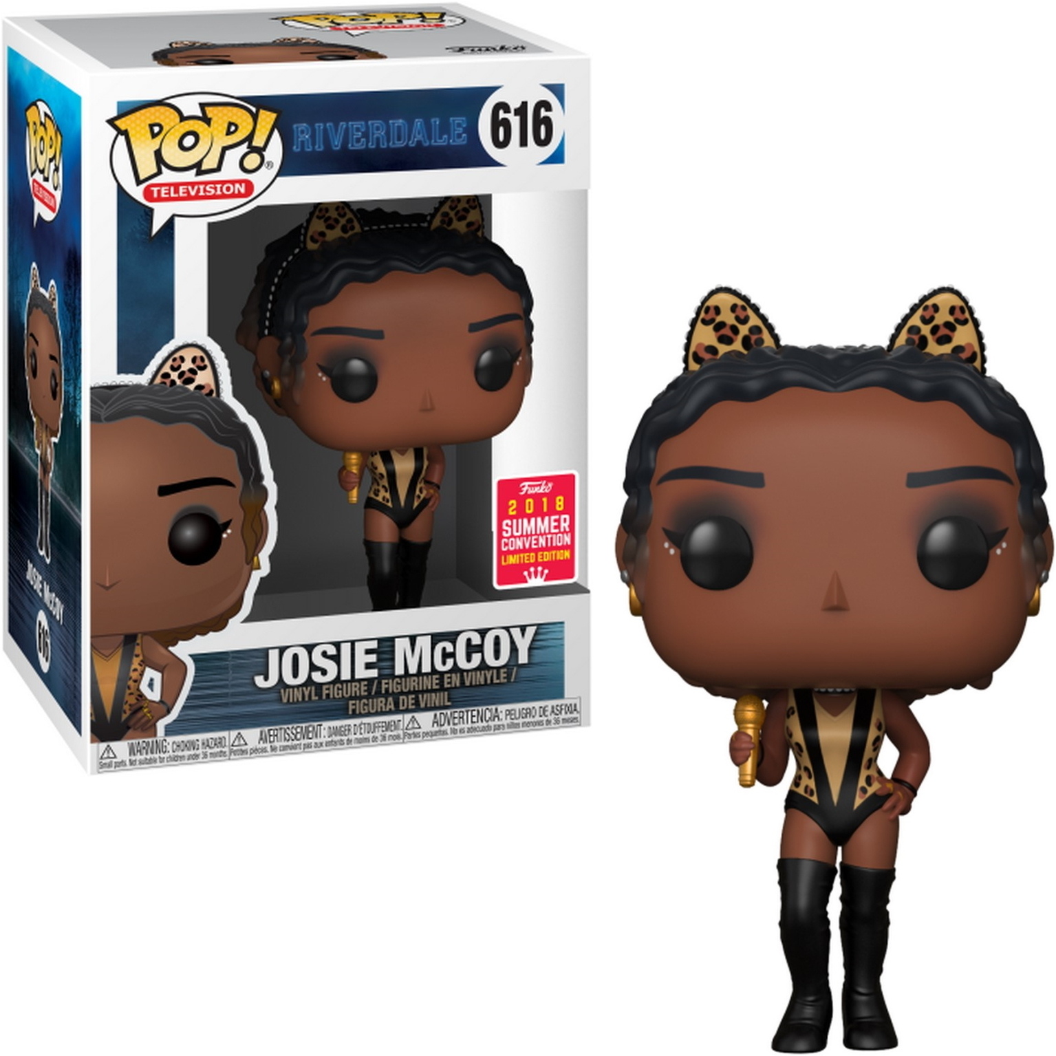 Eine Funko Pop-Figur von Josie McCoy mit Ohren, die ein Mikrofon hält und ein schwarzes Outfit trägt.