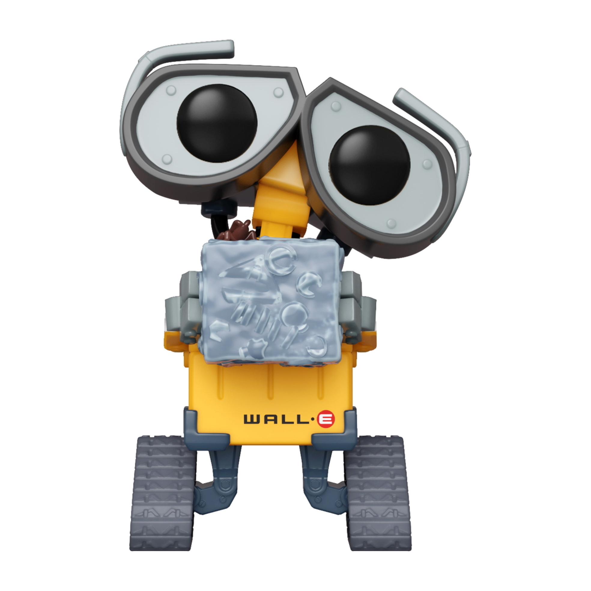 Figura amarilla y gris de WALL-E. Tiene ojos grandes y orugas. El nombre está al frente.