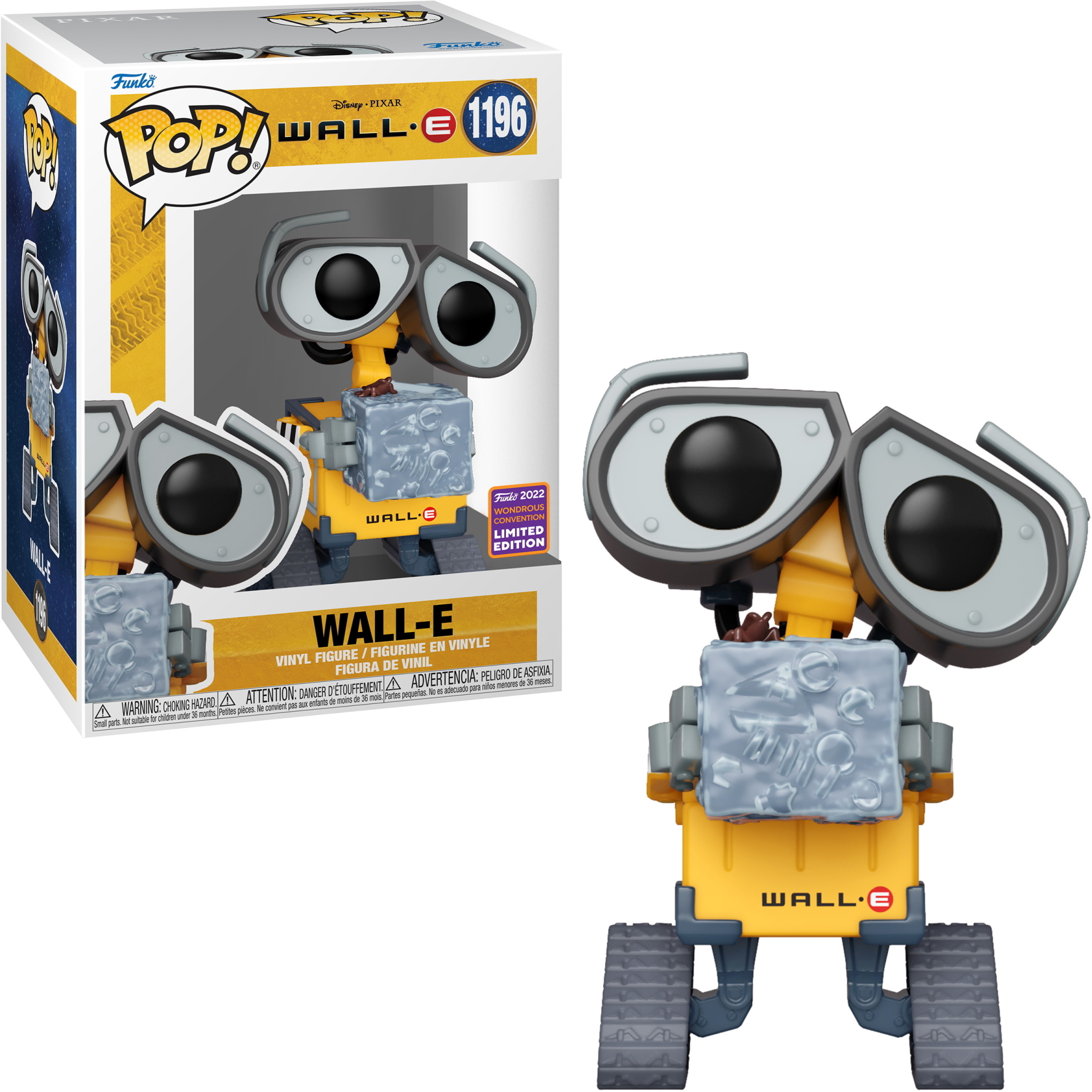 Figura de Wall-E con caja. Es amarillo con orugas grises, tiene ojos grandes y un bloque gris al frente.