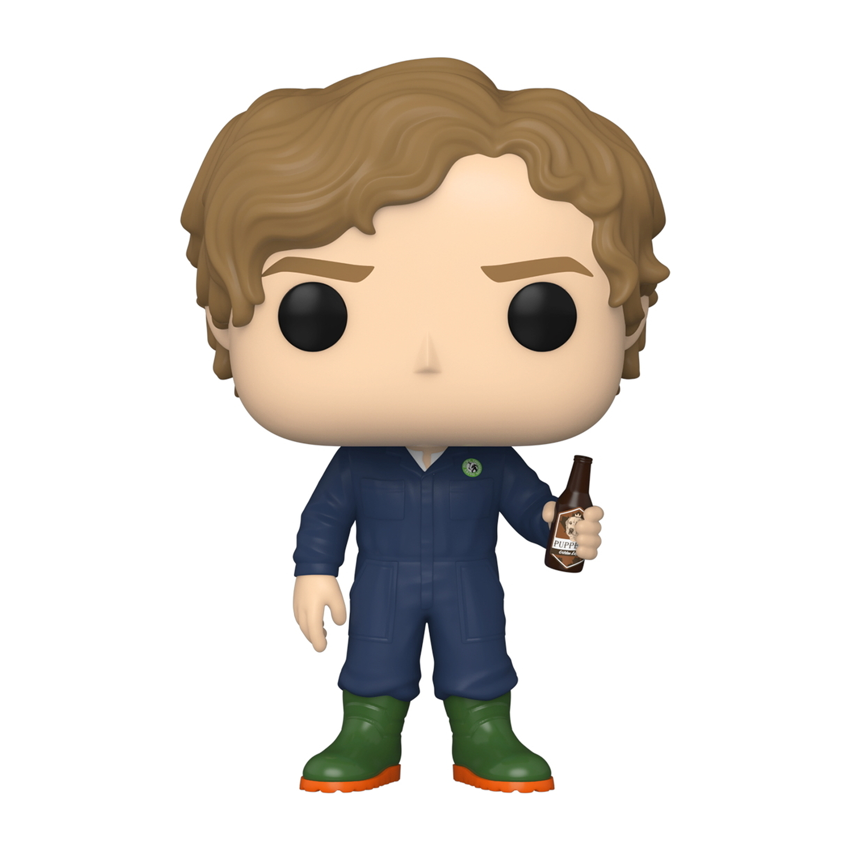 Funko Pop Figur eines Mannes in blauem Overall, grünen Stiefeln und mit einer Bierflasche. Weißer Hintergrund.