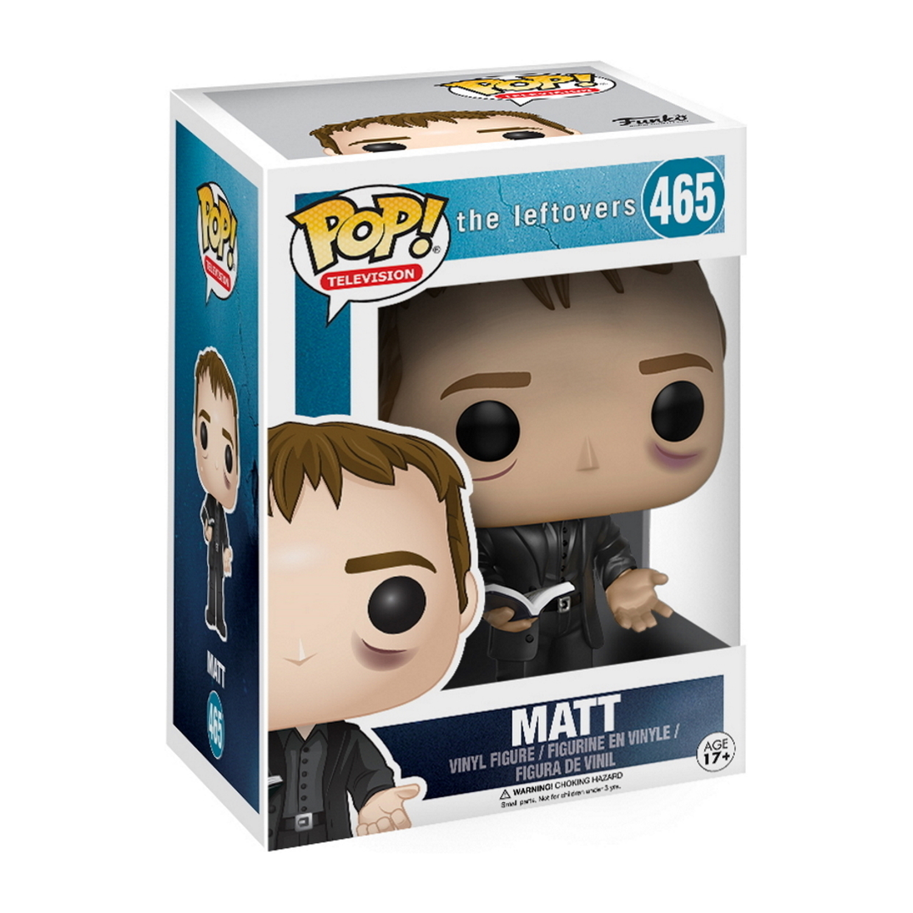 Eine Matt-Figur aus The Leftovers in einer Funko Pop-Box. Er trägt einen schwarzen Anzug und hält ein Buch.