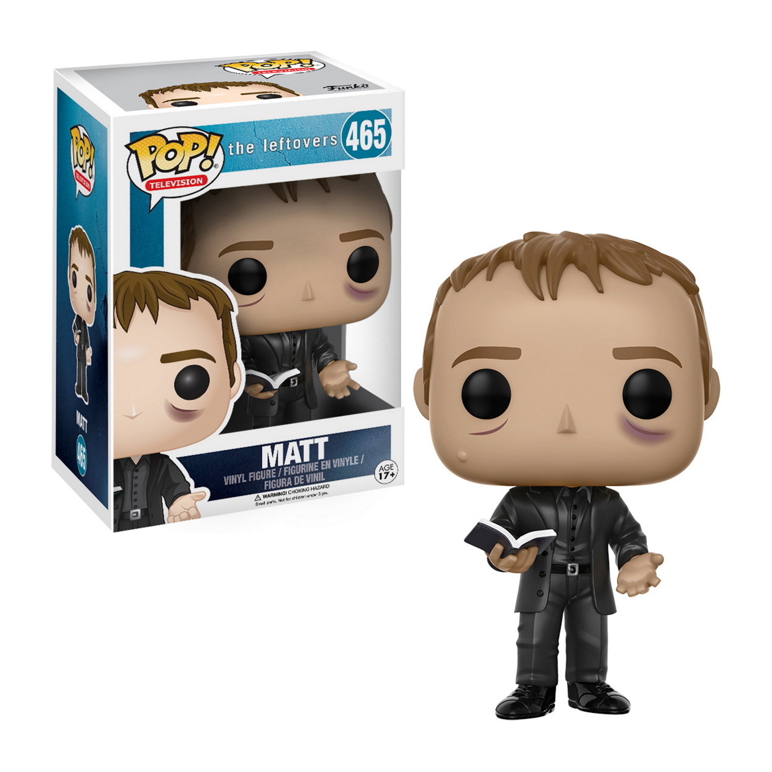 Eine Funko Pop Figur von Matt aus The Leftovers, der ein Buch hält. Er trägt einen schwarzen Anzug mit einer Box im Hintergrund.