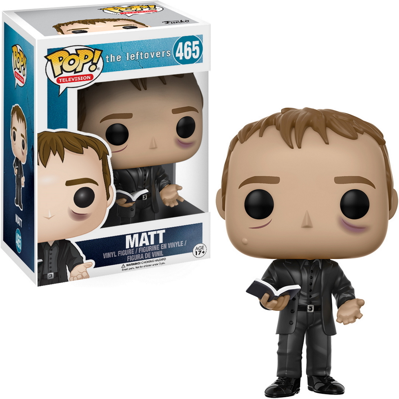 Matt aus The Leftovers Funko Pop, im schwarzen Anzug, mit Buch, mit einer Box.