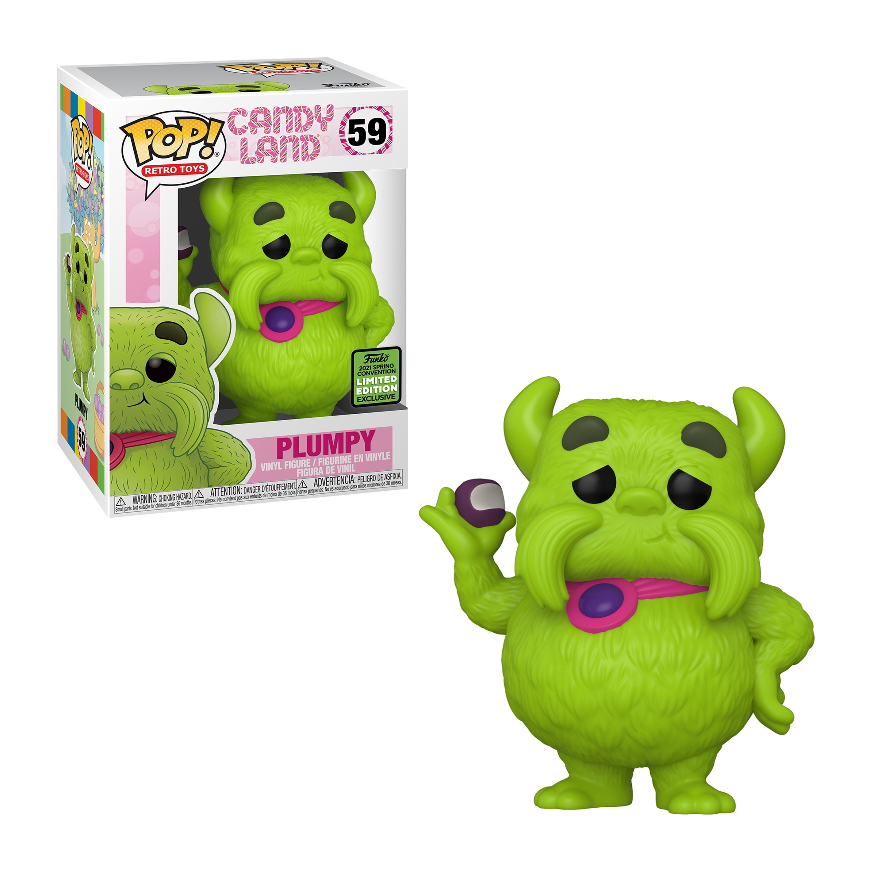 Eine grüne, pelzige Figur mit herausgestreckter Zunge. Die Figur stammt aus Candy Land.