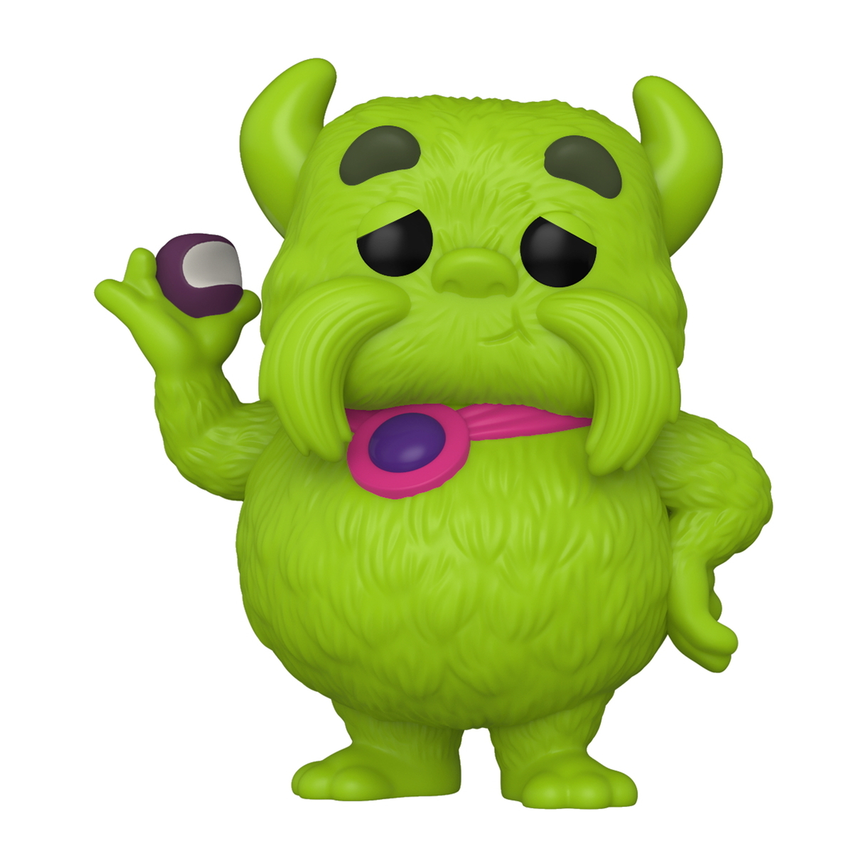 Grüne, pelzige Monster Funko Pop Figur, die ein kleines lila Objekt hält. Es hat Hörner und ein rosa Halsband.