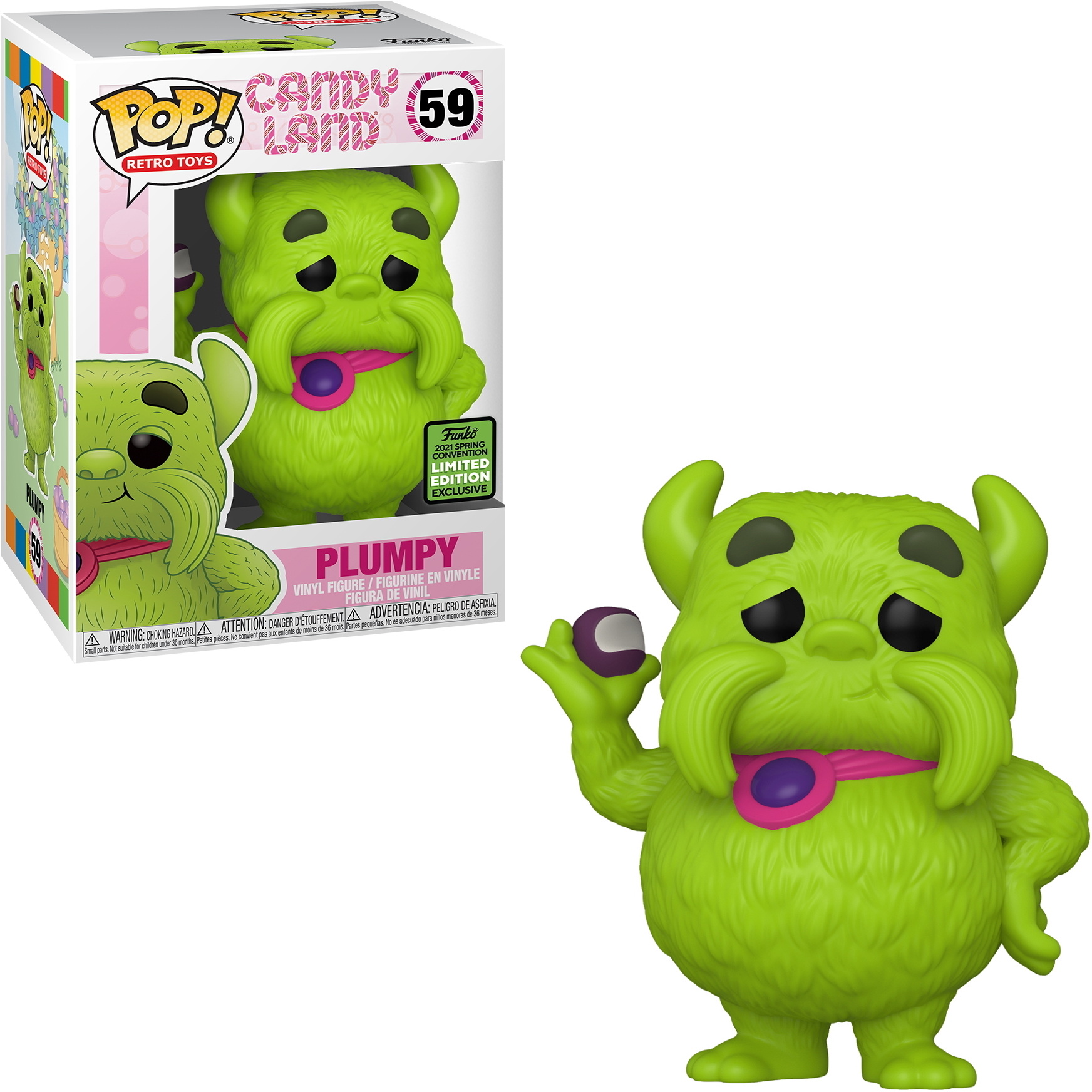 Plumpy Candy Land Funko Pop Figur, grün mit lila Zunge, hält lila Bonbon.