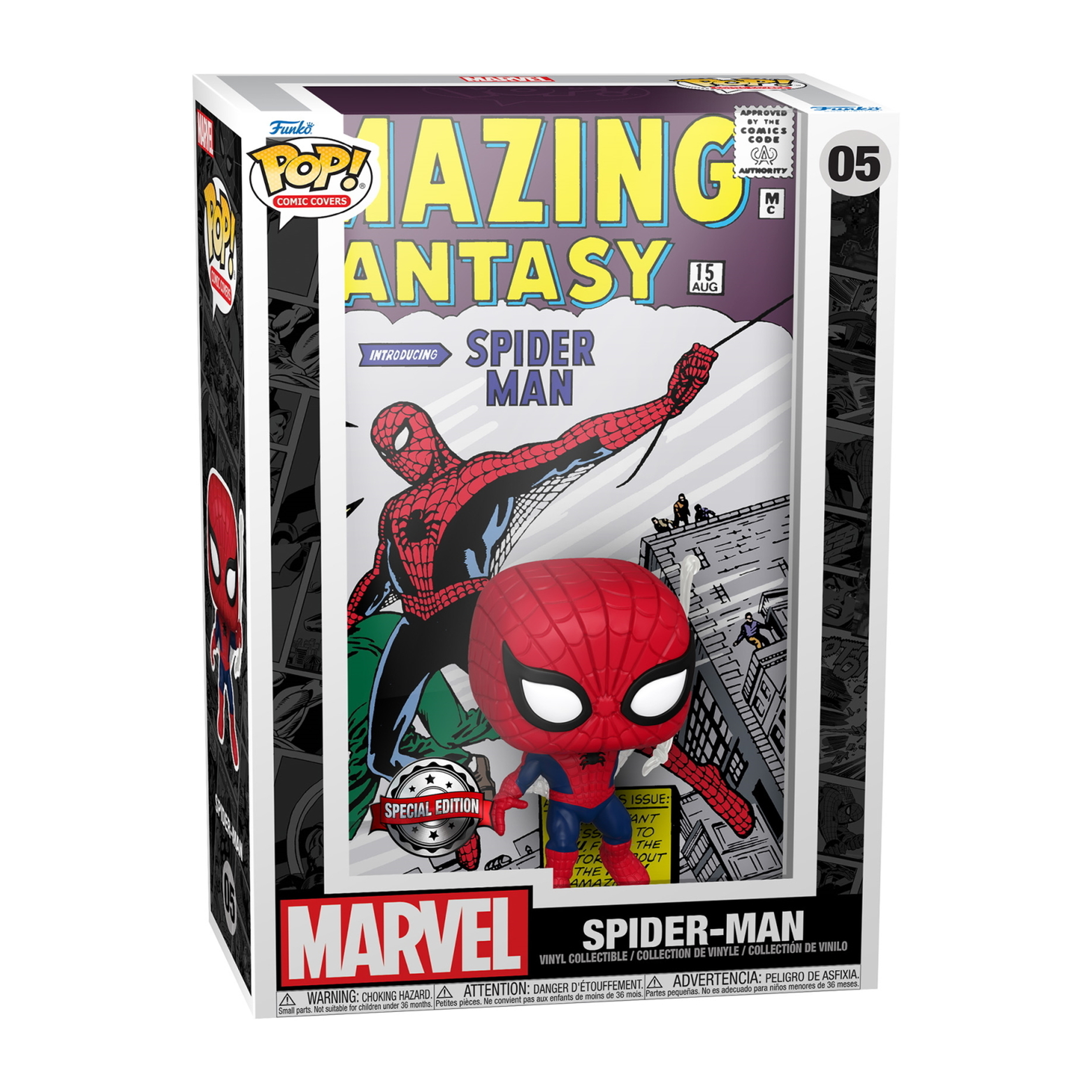 Spider-Man Funko Pop! Figur in einer Box. Weißer Hintergrund.