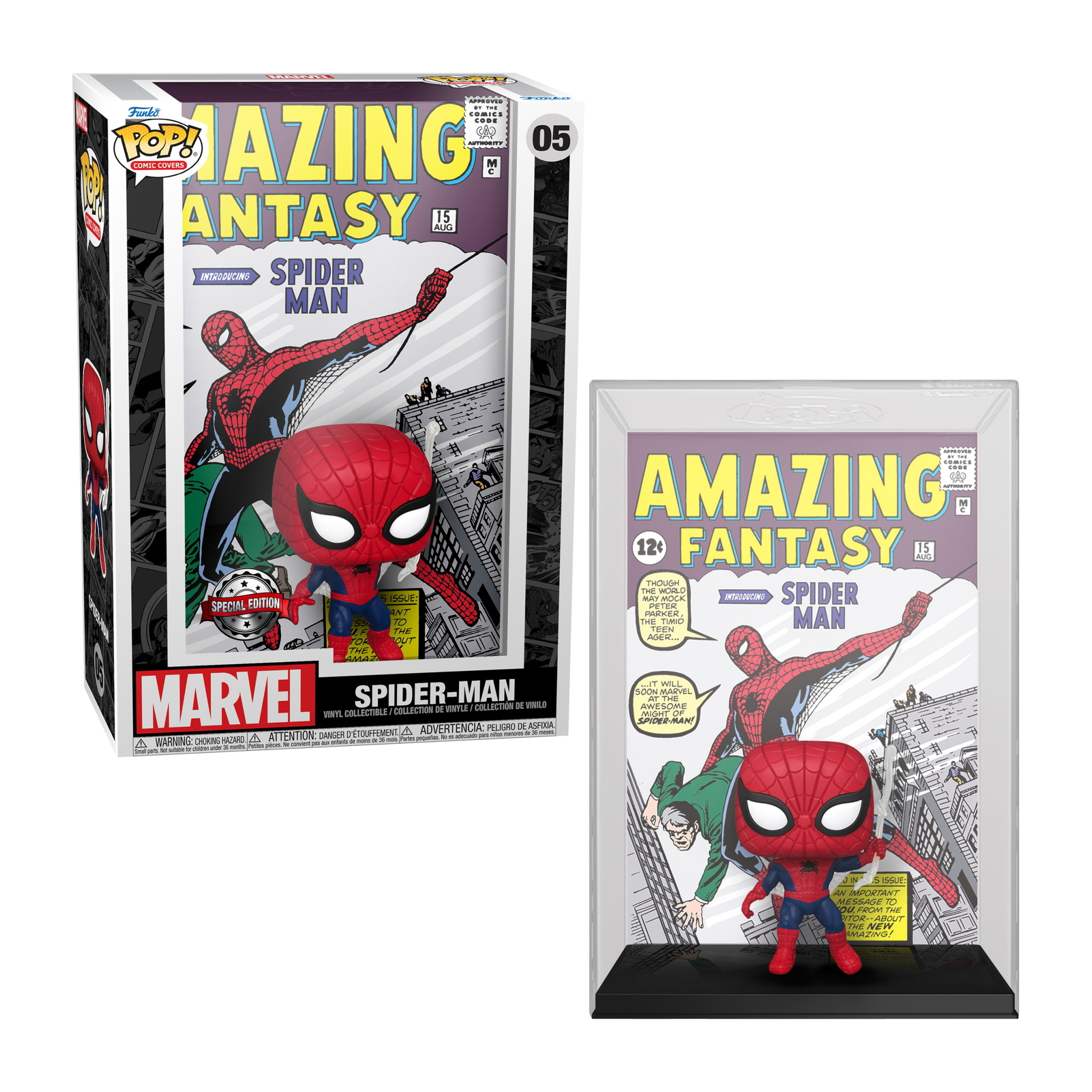 Funko Pop! Spider-Man Figur in Box und Vitrine mit Comic-Cover.