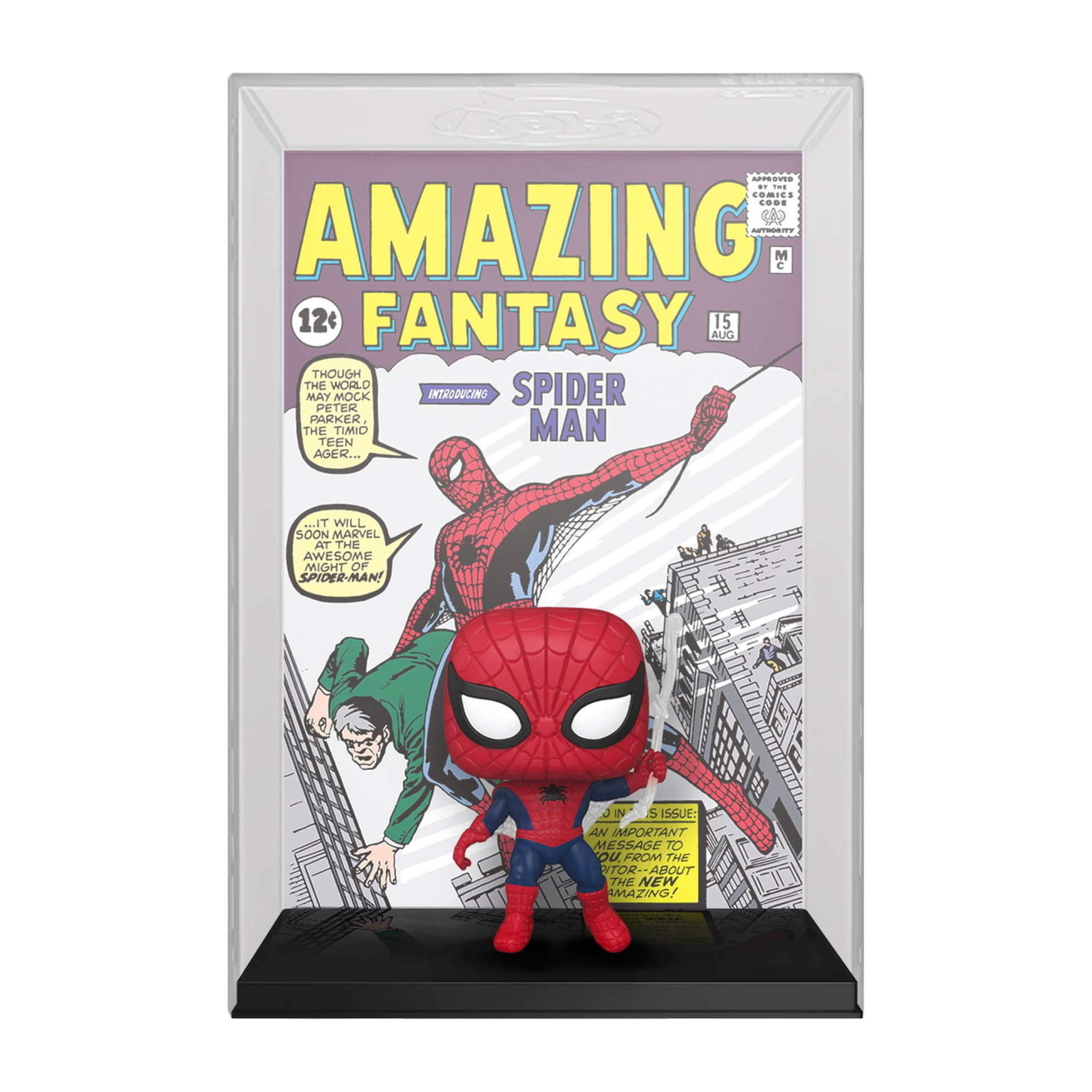 Spider-Man-Figur in einer Vitrine. Comic-Cover-Hintergrund mit Spider-Man-Figur in dynamischer Pose.