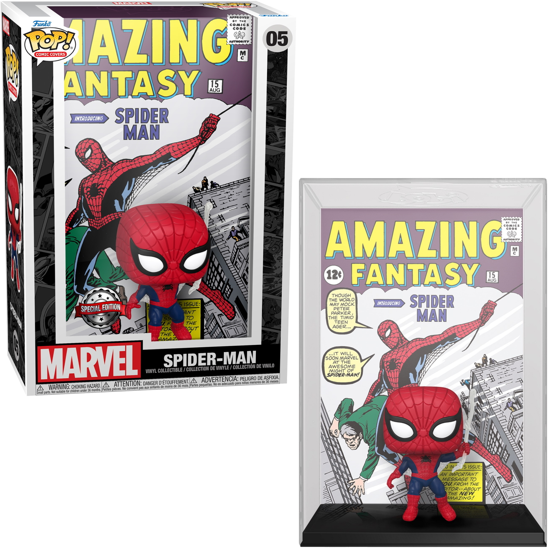 Spider-Man Figur basierend auf einem Comic-Cover. Die Box zeigt das gleiche Comic-Cover. Die Figur ist von Marvel.