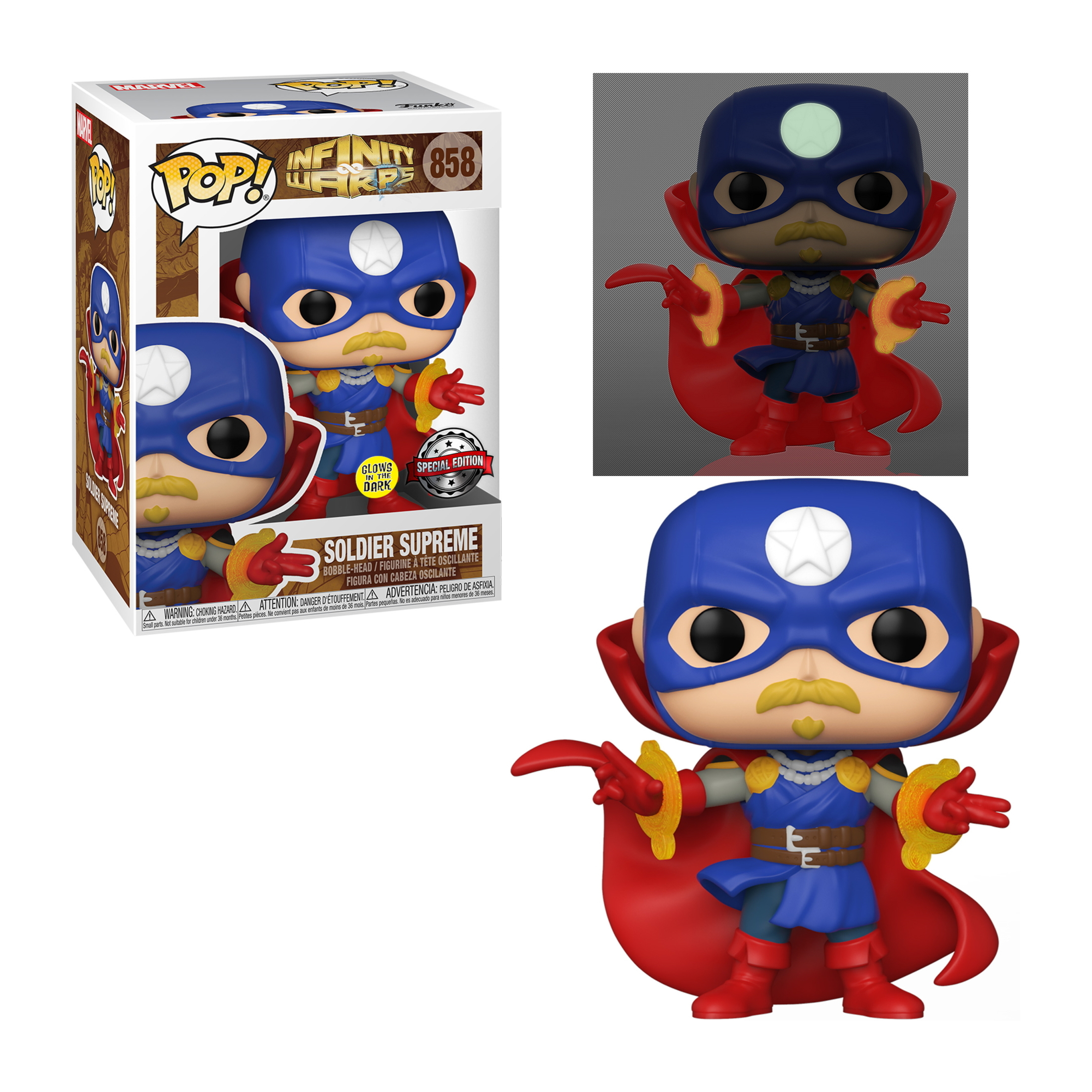 Figura de Soldier Supreme Funko Pop. Máscara azul, bigote amarillo, capa roja, brazos extendidos. En caja, con brillo.