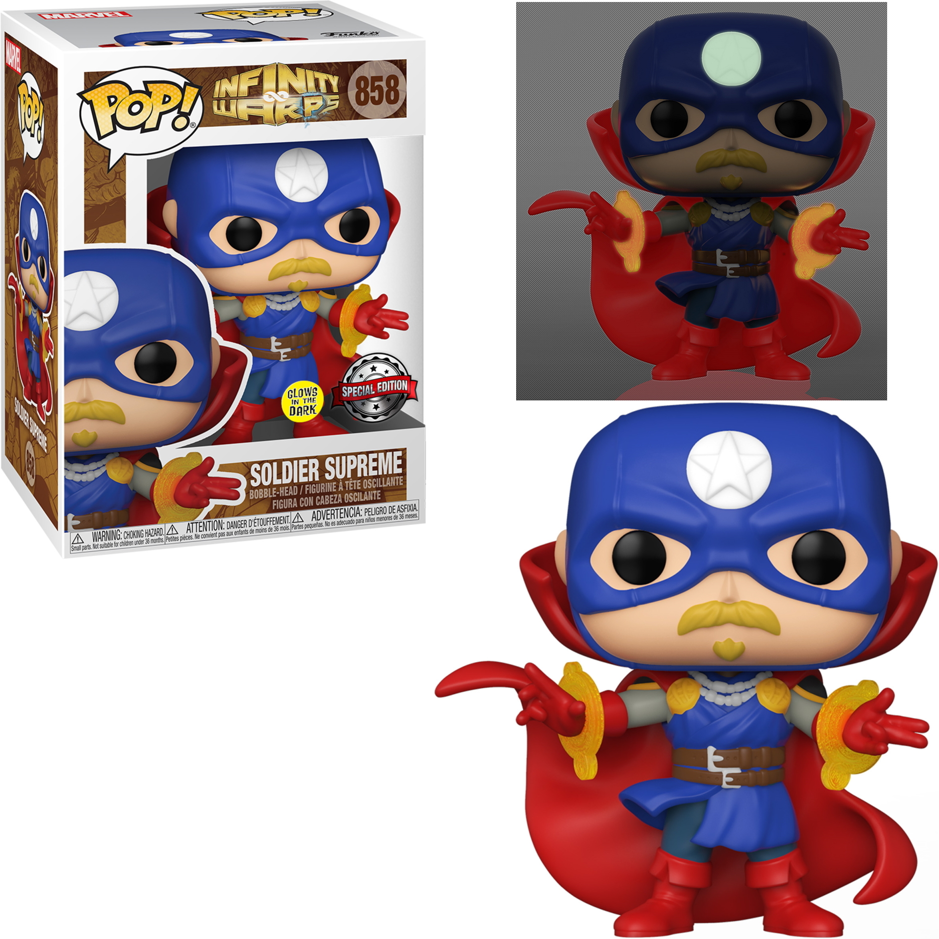 Figura Funko Pop de Soldier Supreme con caja. Colores azul y rojo.