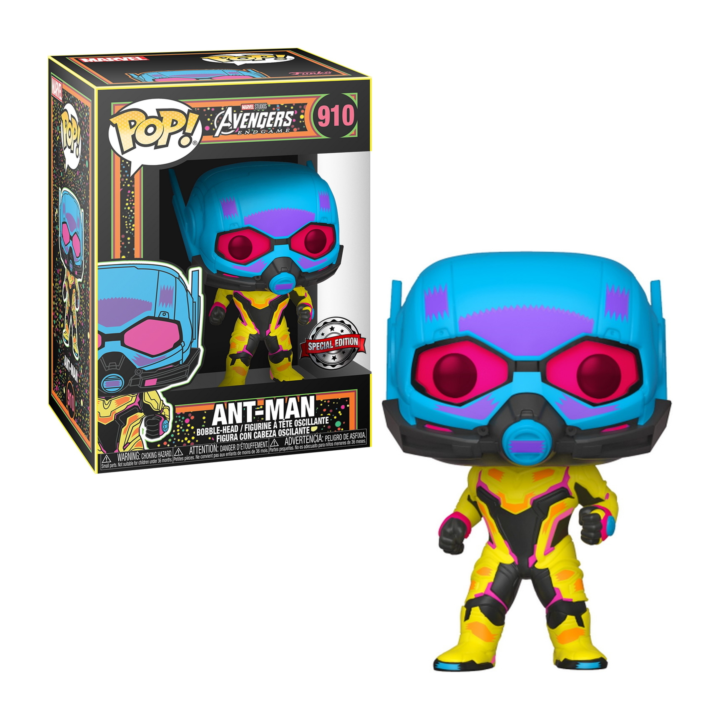 Ant-Man Funko Pop Figur in gelb-schwarzem Anzug mit blauem Helm und pinkfarbenem Visier.