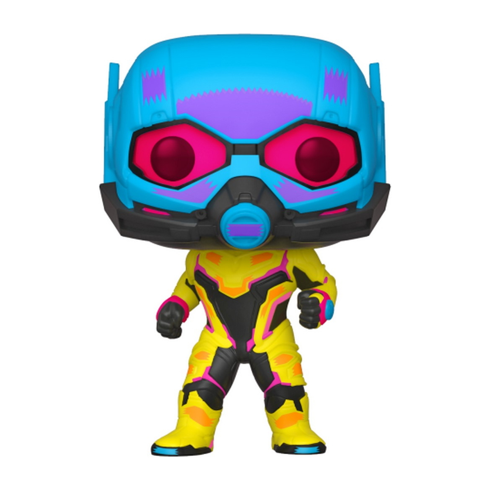 Eine Funko Pop Figur von Ant-Man in einem blau-gelben Anzug mit großem Helm.