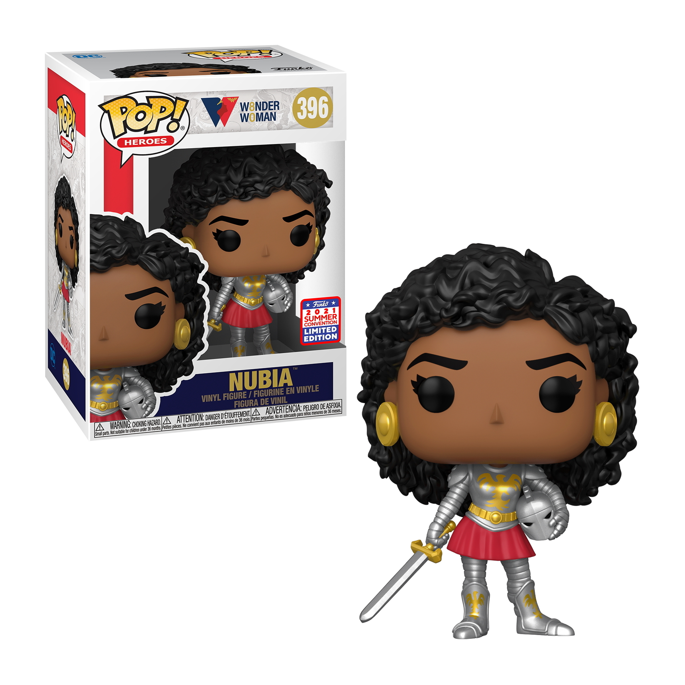 Una figura Funko Pop de Nubia, Wonder Woman. Lleva armadura, falda roja y espada.