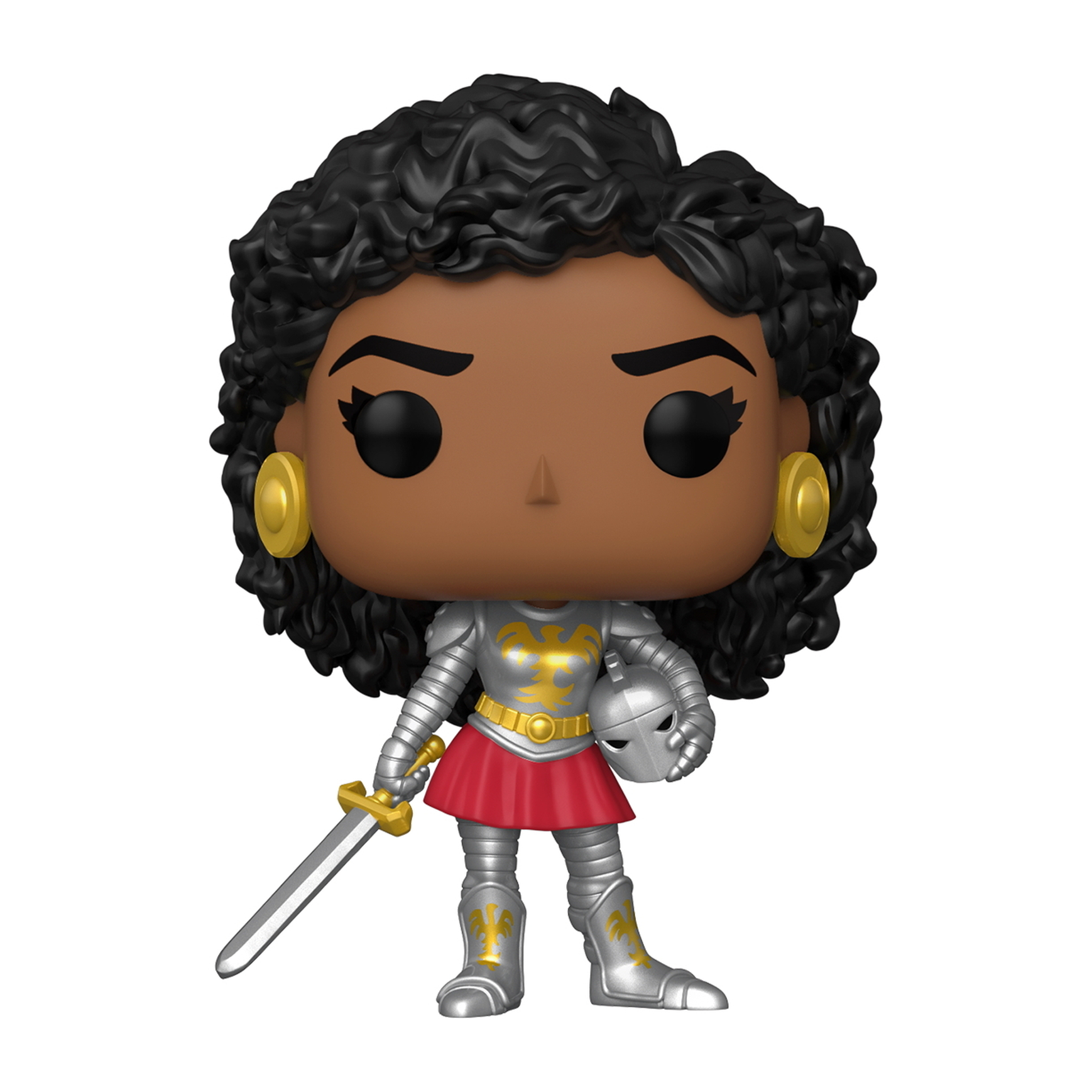 Una figura Funko Pop de una mujer negra con armadura, espada y casco. Pendientes dorados, falda roja.