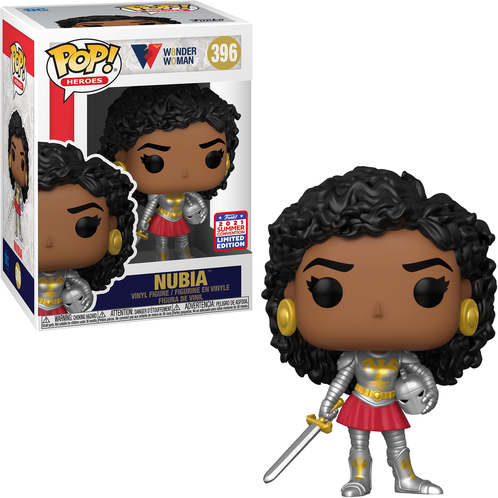 Figura de Wonder Woman Nubia en una caja. Lleva falda roja, armadura plateada y espada.