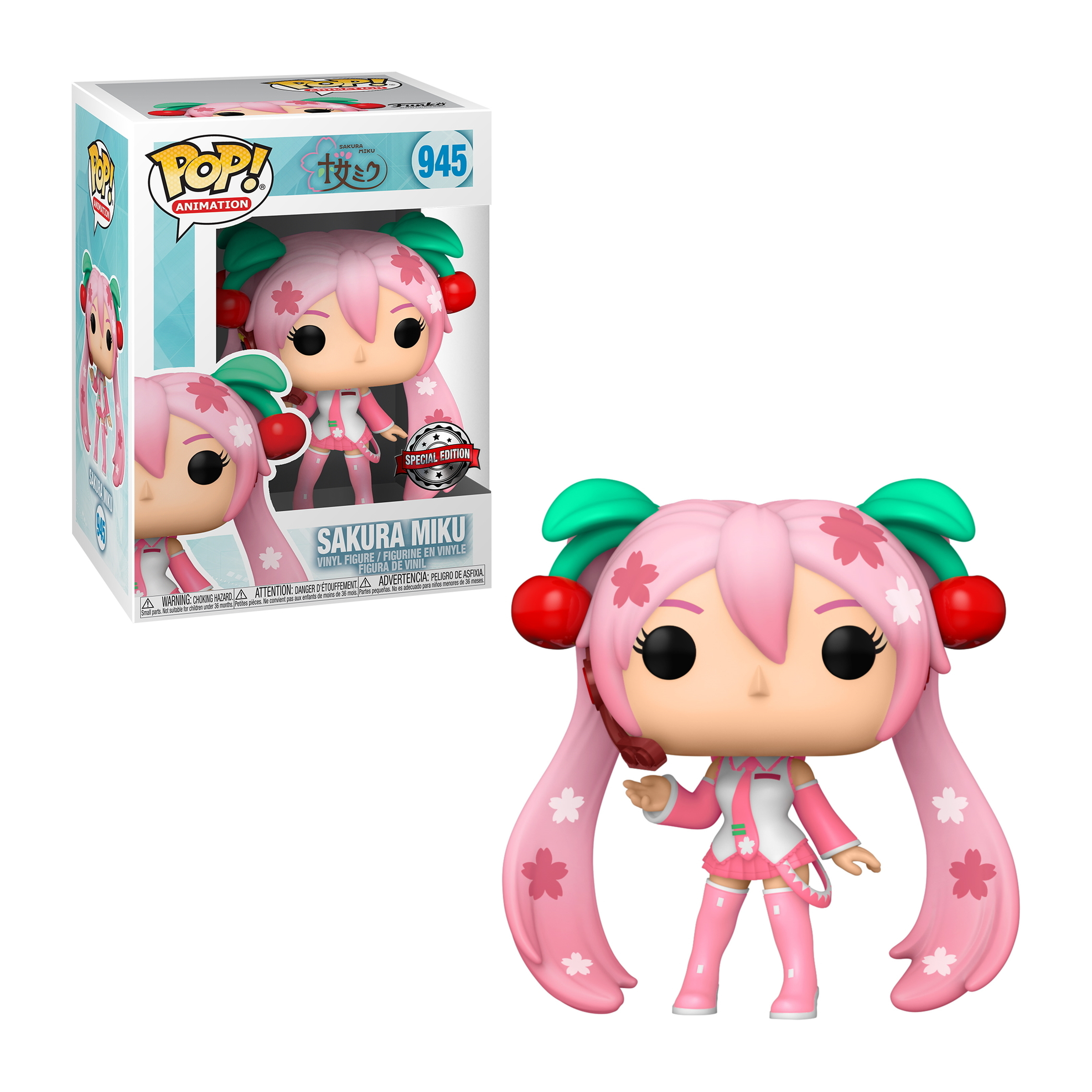 Sakura Miku Funko Pop Figur. Rosa Haare mit Kirschakzenten, rosa Outfit, Mikrofon.