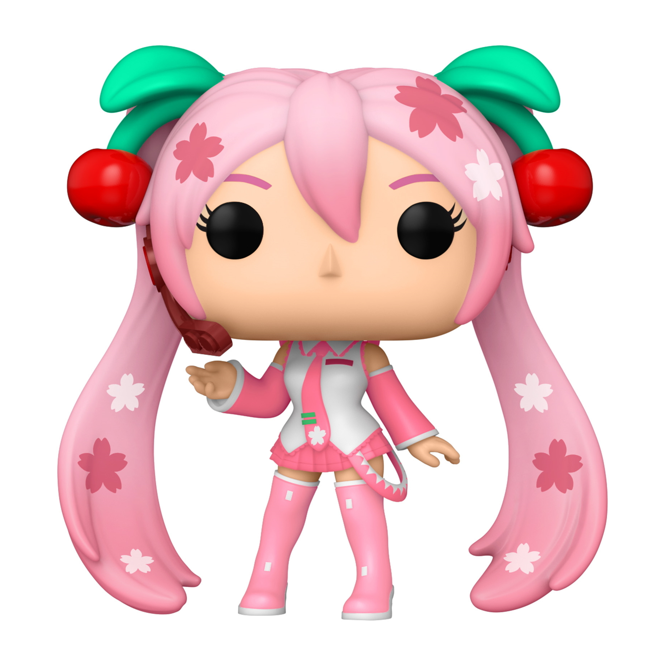 Hatsune Miku Funko Pop Figur. Rosa Haare, Kirschblüten-Details. Trägt ein rosa Outfit.