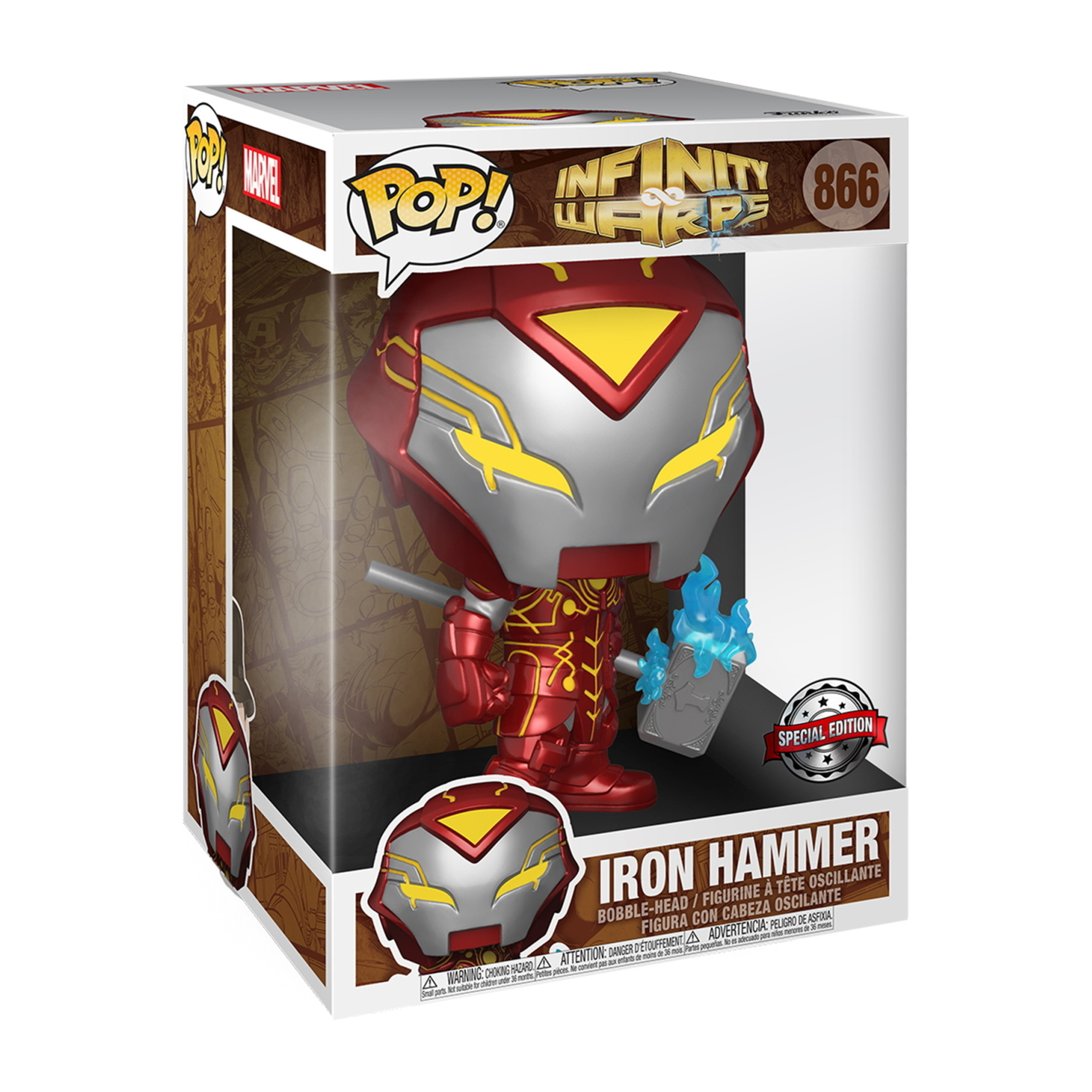 Funko Pop Figur von Iron Hammer aus Infinity Warps. Die Figur befindet sich in einer Box mit dem Namen der Figur.
