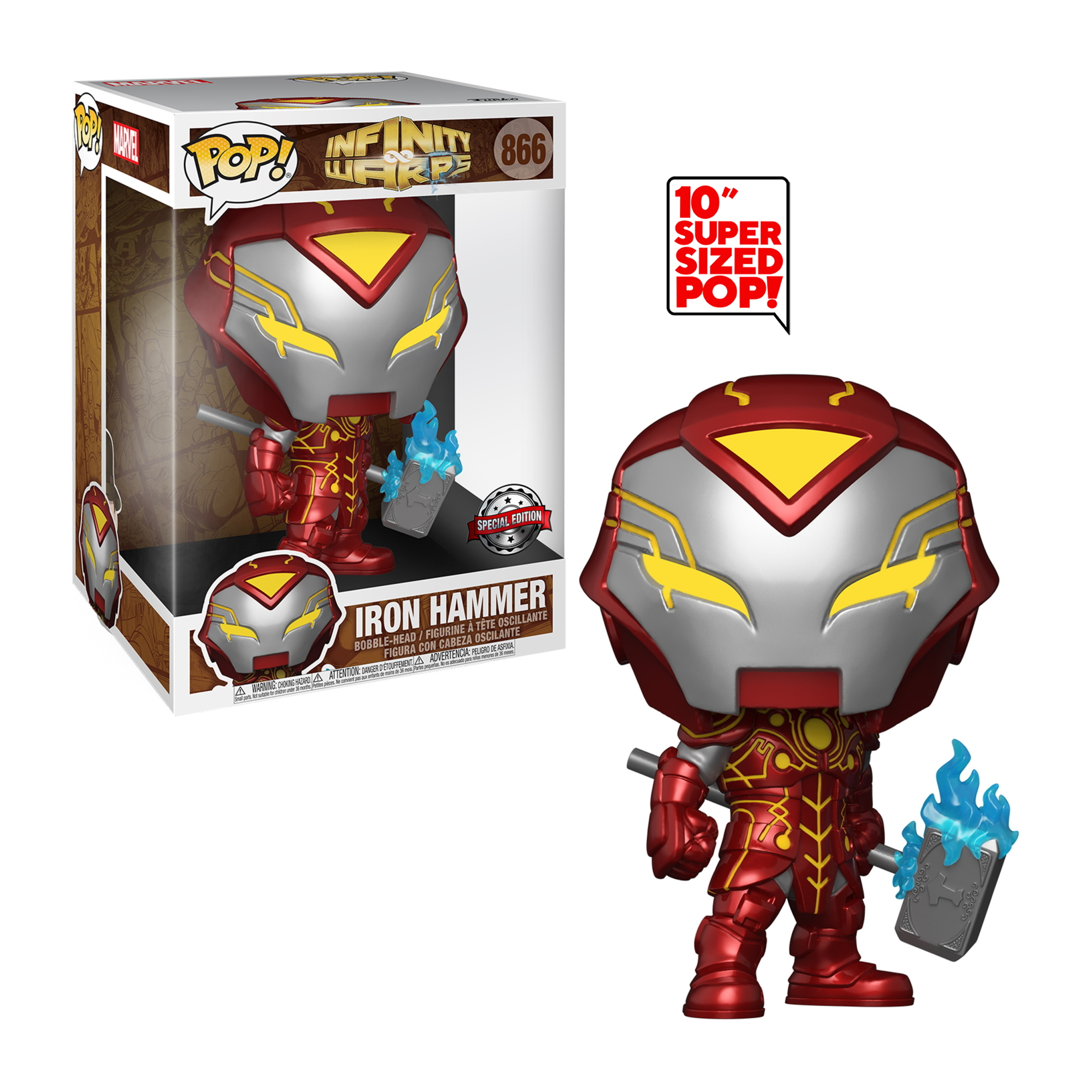 Iron Hammer Funko Pop. Rote und silberne Rüstung, Hammer mit blauem Feuer. Weißer Hintergrund.
