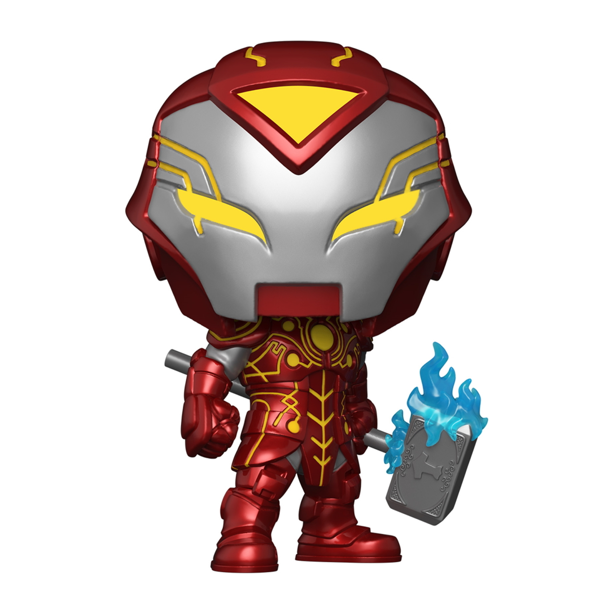 Iron Man Funko Pop Figur, rote und goldene Rüstung, hält einen Hammer mit blauen Flammen, heroische Pose.