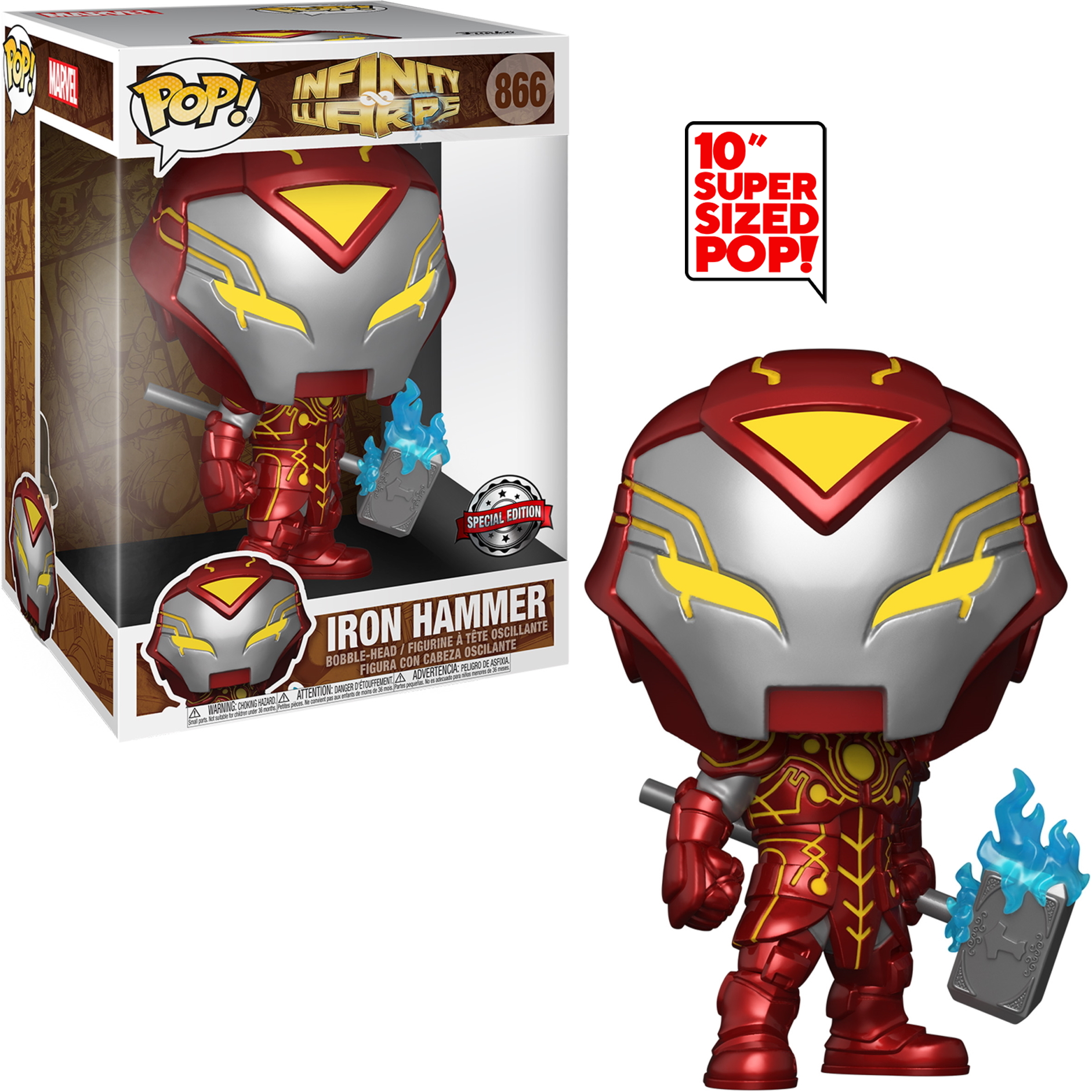 Iron Hammer Funko Pop Figur mit Box. Rote Rüstung, Hammer und blaue Energie. 10" supergroß!
