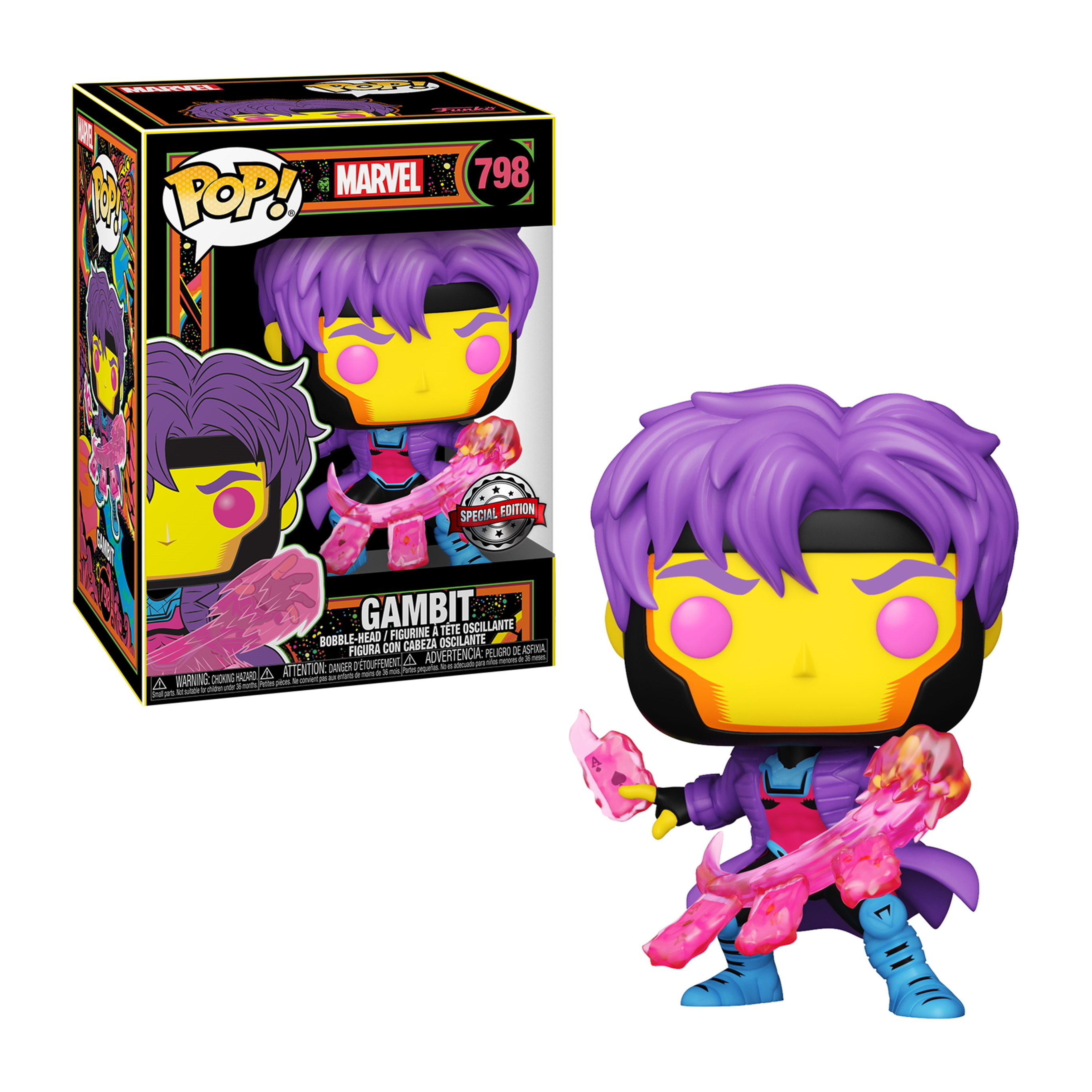 Gambit-Figur, gelbe Haut, lila Haare und rosa Energieeffekte.