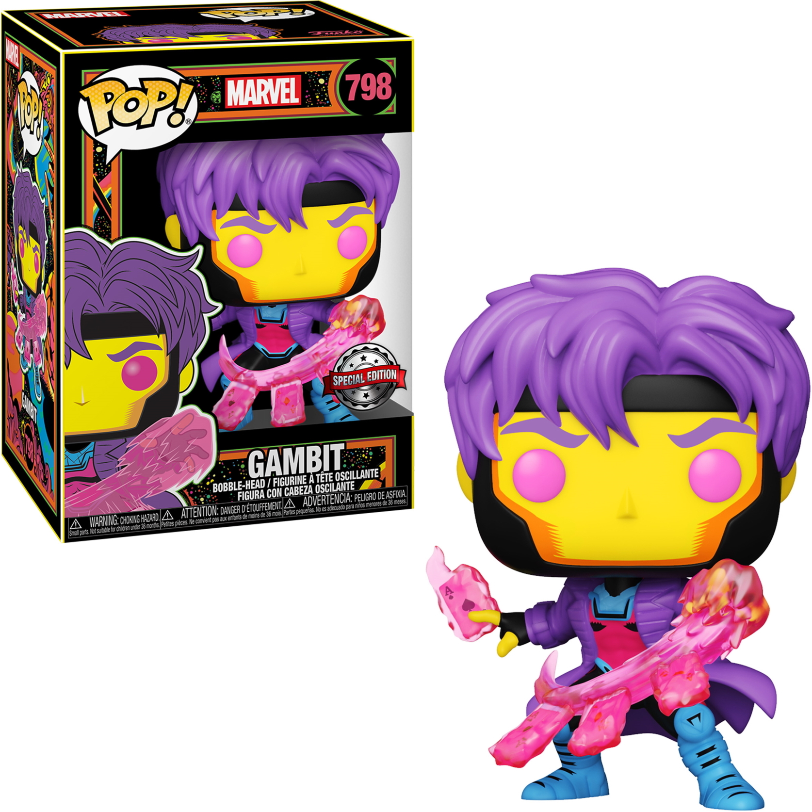 Gambit Funko Pop Figur, mit Box, mit lila Haaren, gelber Haut, pinker Energie und Spielkarten.