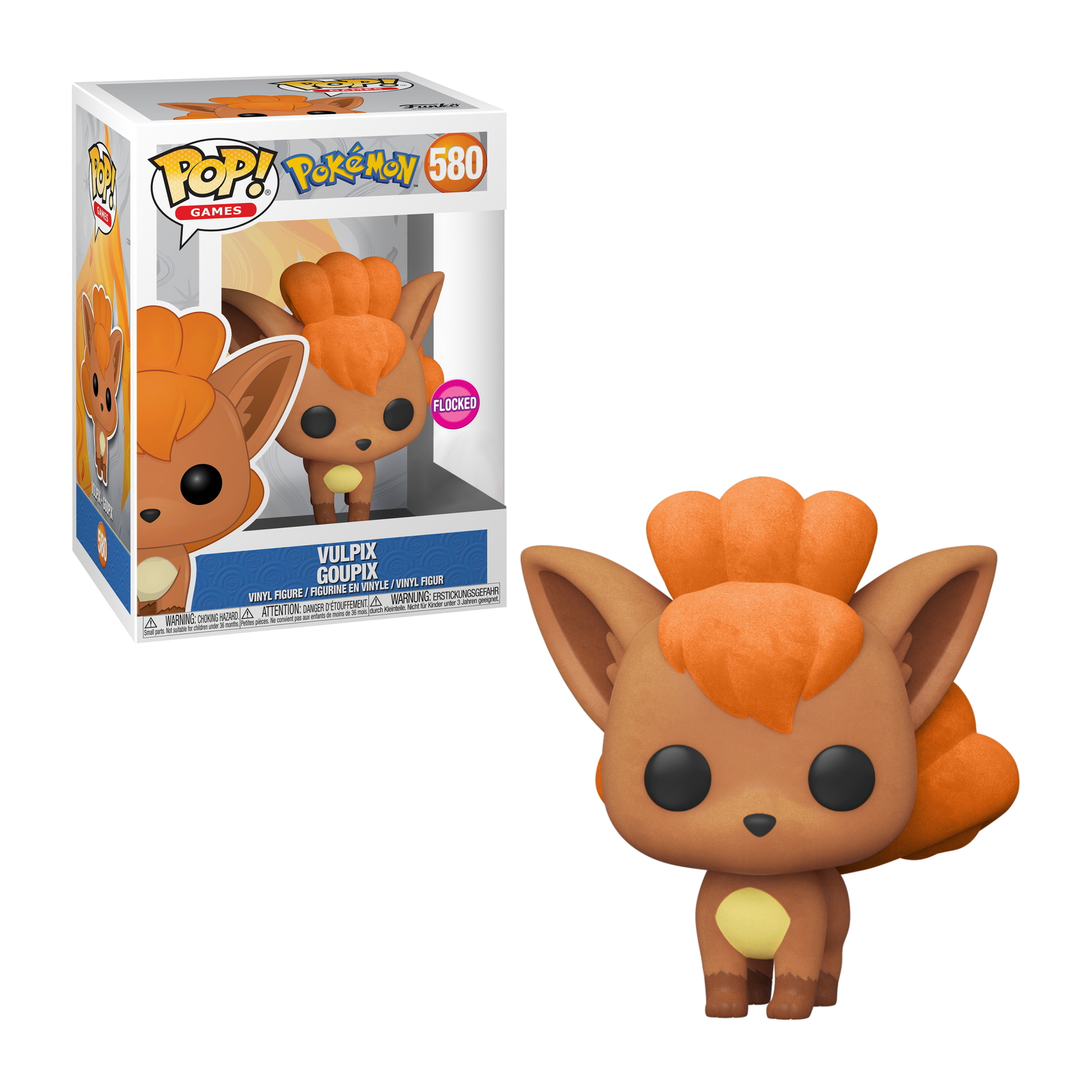 Vulpix Funko Pop Figur, fuchsartig, mit orangefarbenem Haar und einem flauschigen Schwanz. Die Box ist ebenfalls gezeigt.