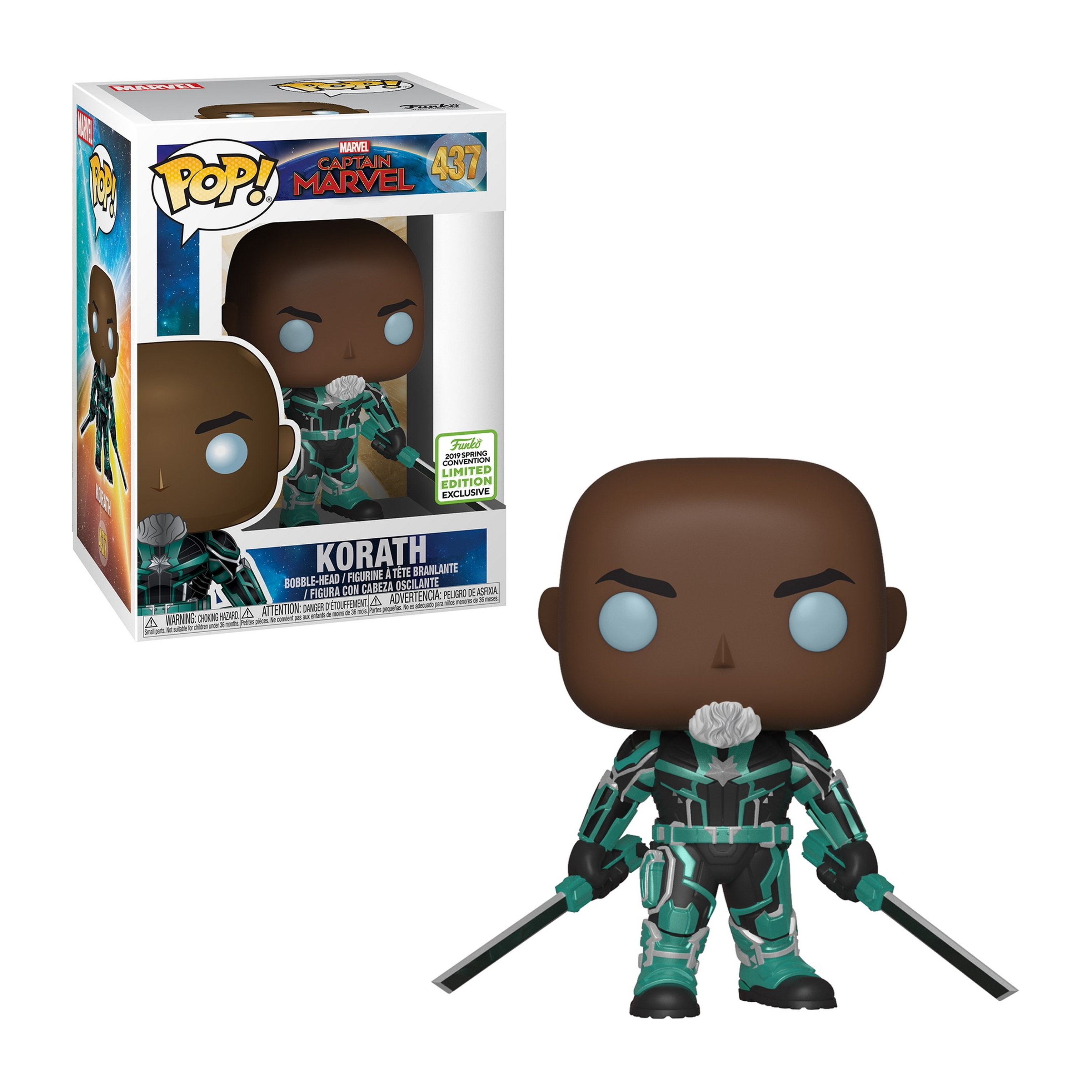 Korath Funko Pop Figur aus Captain Marvel. Schwarzer Mann mit tealfarbenem Kostüm und zwei Schwertern. Box sichtbar.