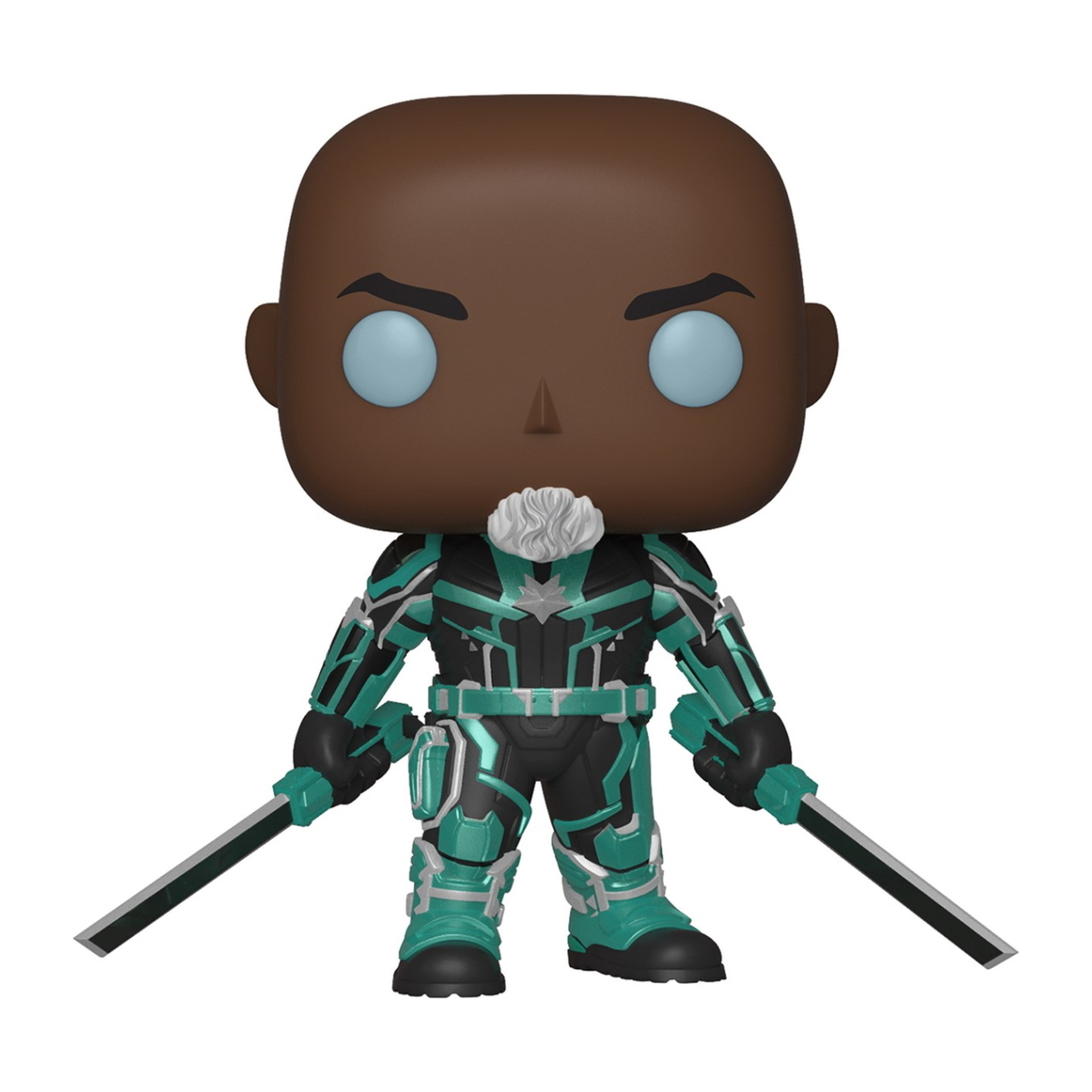 Eine Funko Pop-Figur eines Mannes in türkis-schwarzer Rüstung, der zwei Schwerter hält.