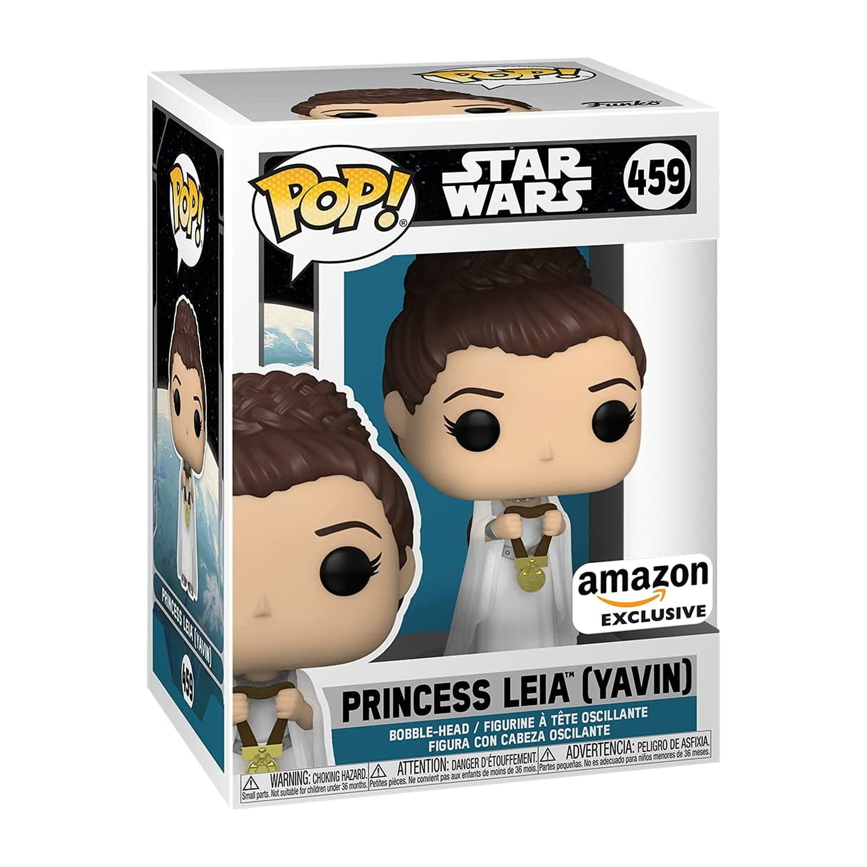 Funko Pop! Prinzessin Leia Figur in einer Box. Sie trägt Weiß, hat braune Haare und eine Goldmedaille.