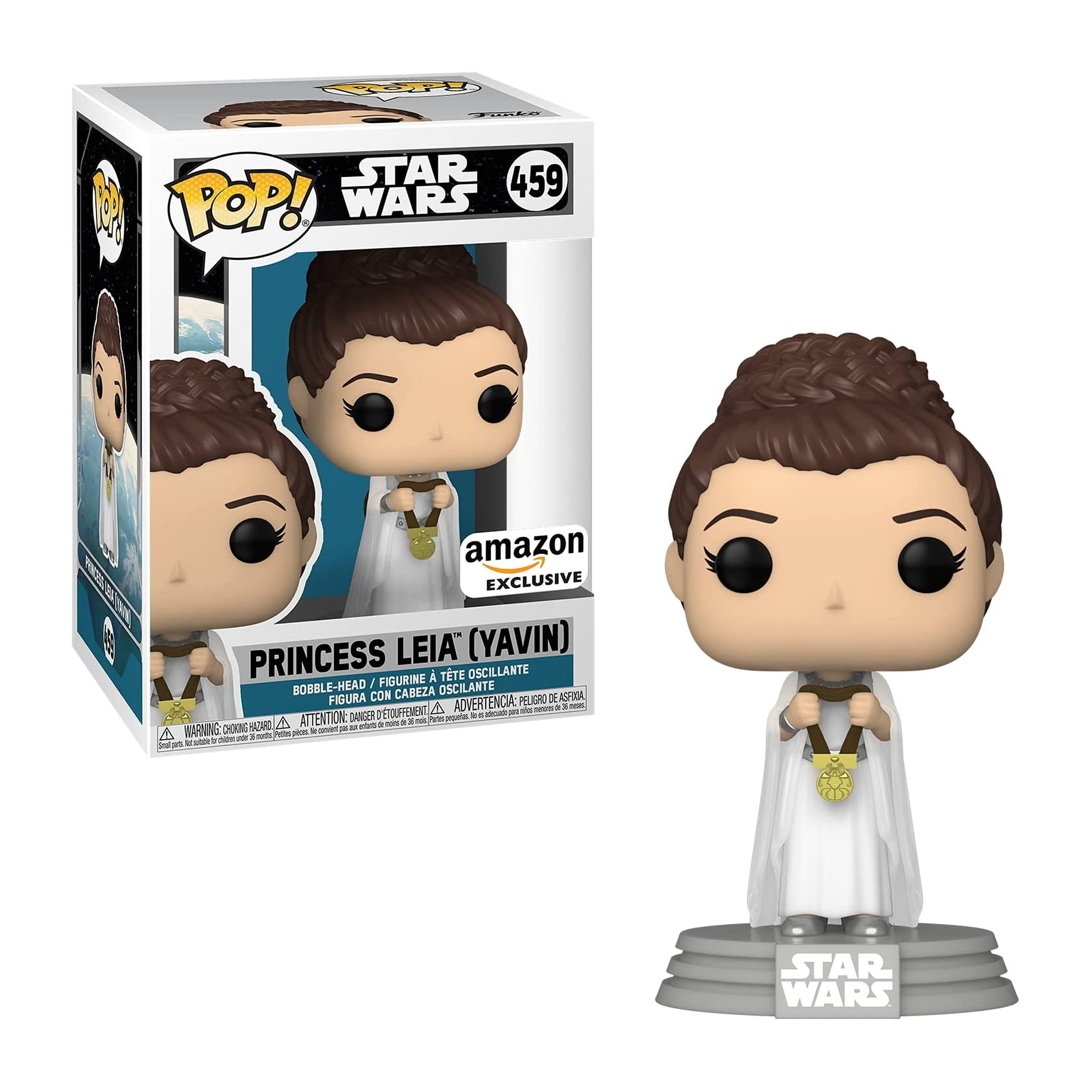 Prinzessin Leia Figur in weißem Kleid, Medaillen haltend, mit Box.