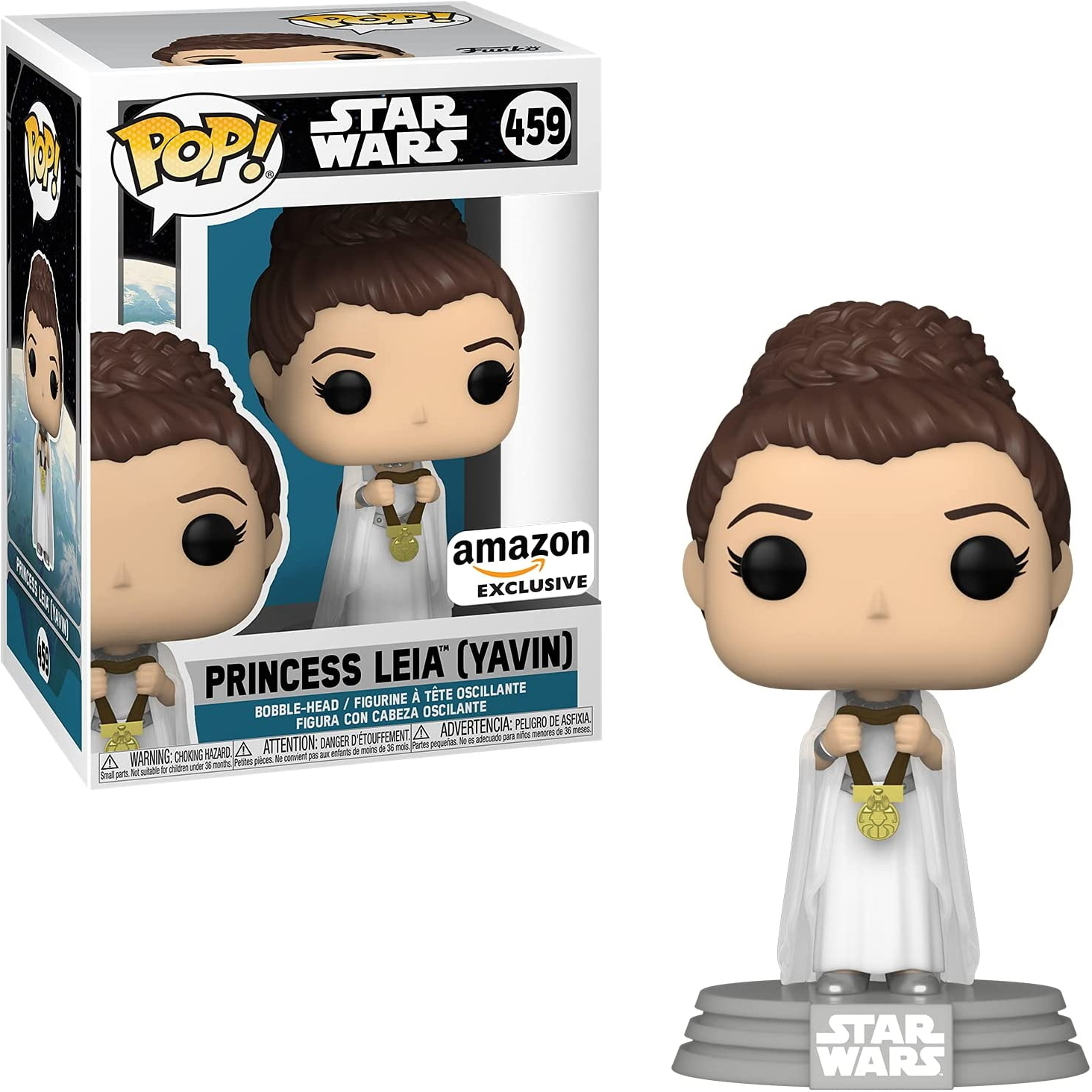 Prinzessin Leia Funko Pop Figur. Sie trägt ein weißes Kleid, eine goldene Medaille und Duttfrisur.