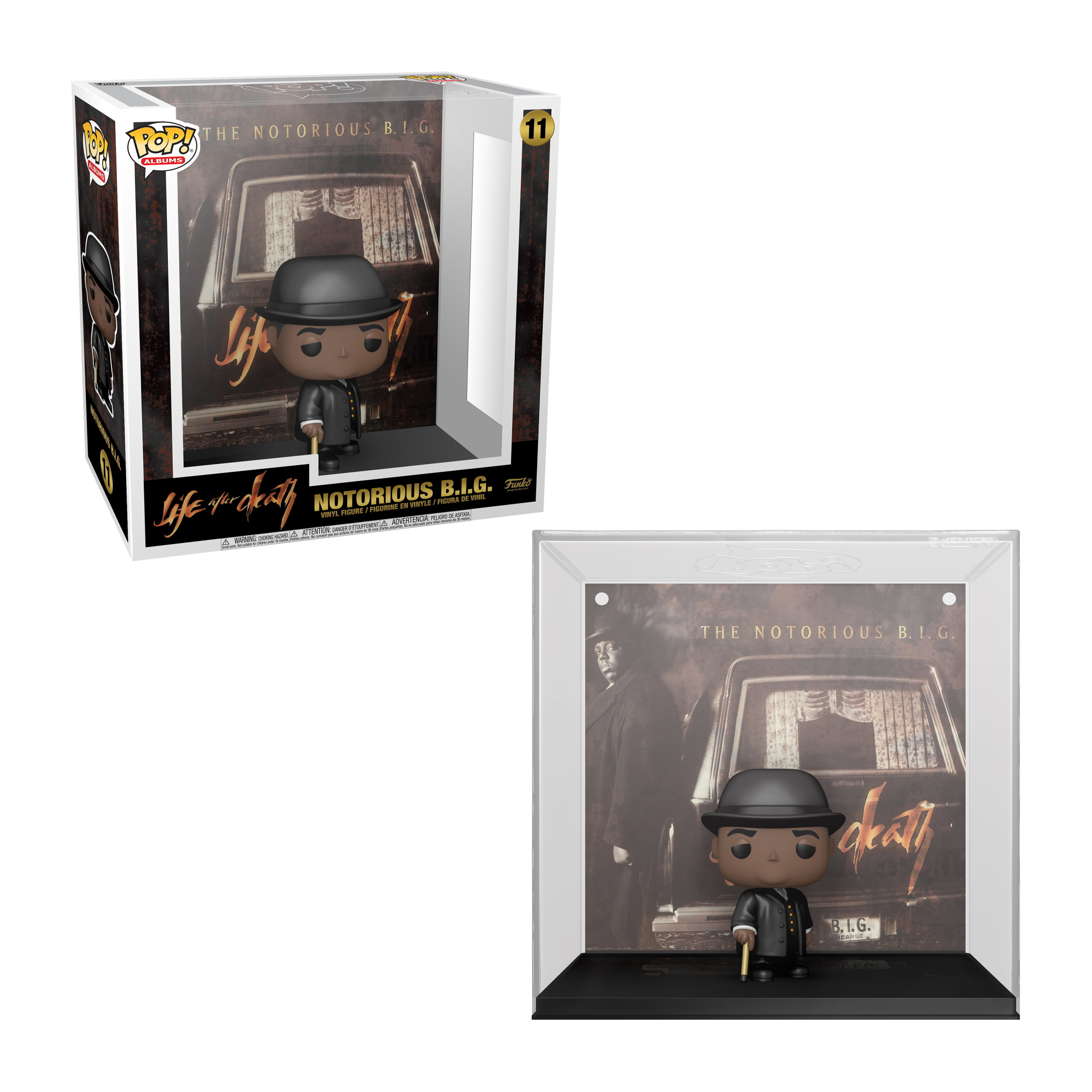 Notorious B.I.G. Funko Pop mit Box und Vitrine. Hält einen Stock.